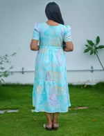 Rayon Abstract Print Foil Gathering Maxi with Puff Sleeve - Mangai Nighties