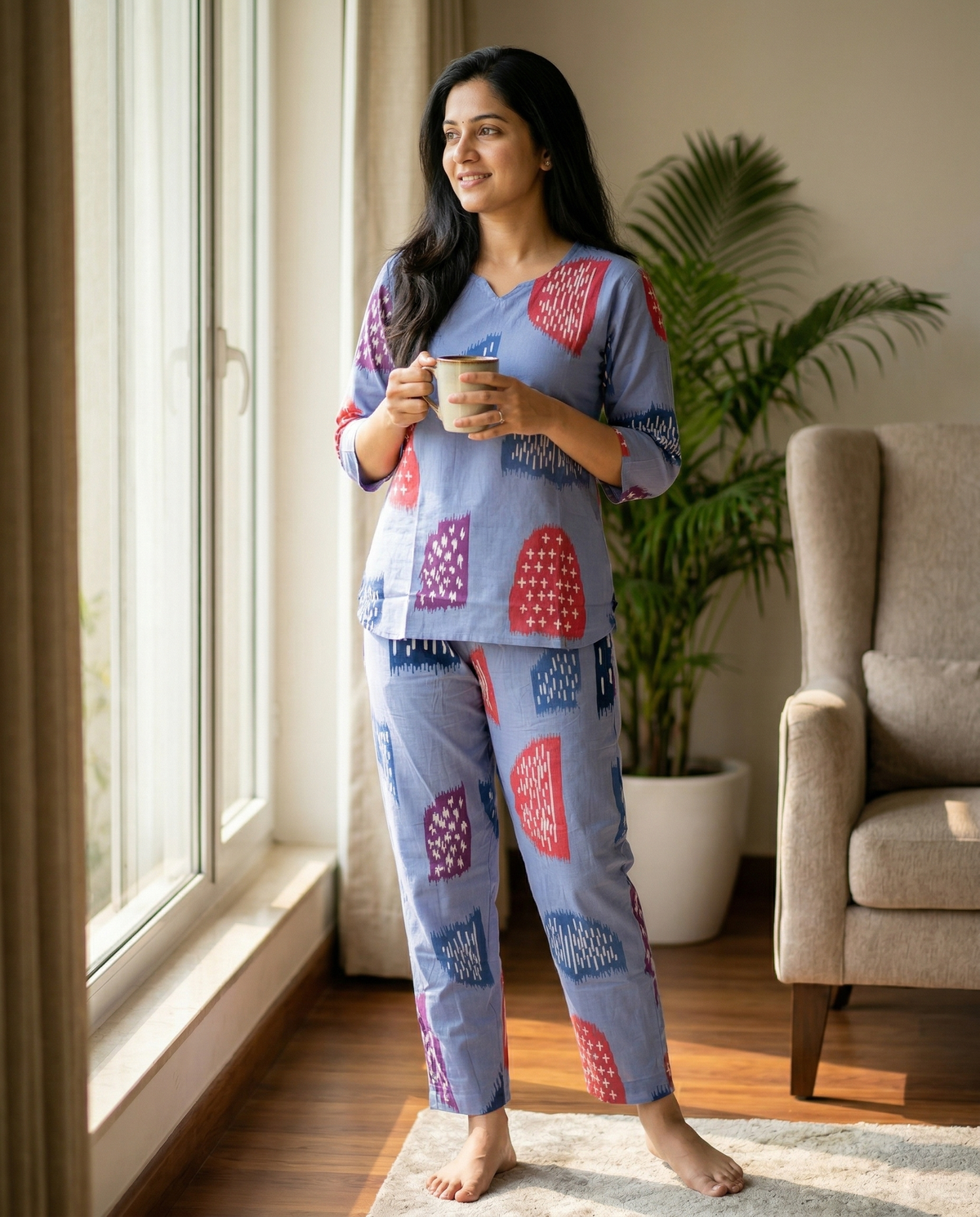 MANGAI Premium Cotton Printed Night Suits | Stylish Print's All Over | Top & Bottom Set | 3/4 Sleeve | Trendy Night Suits for Stylish Women's (TPS-3/4)