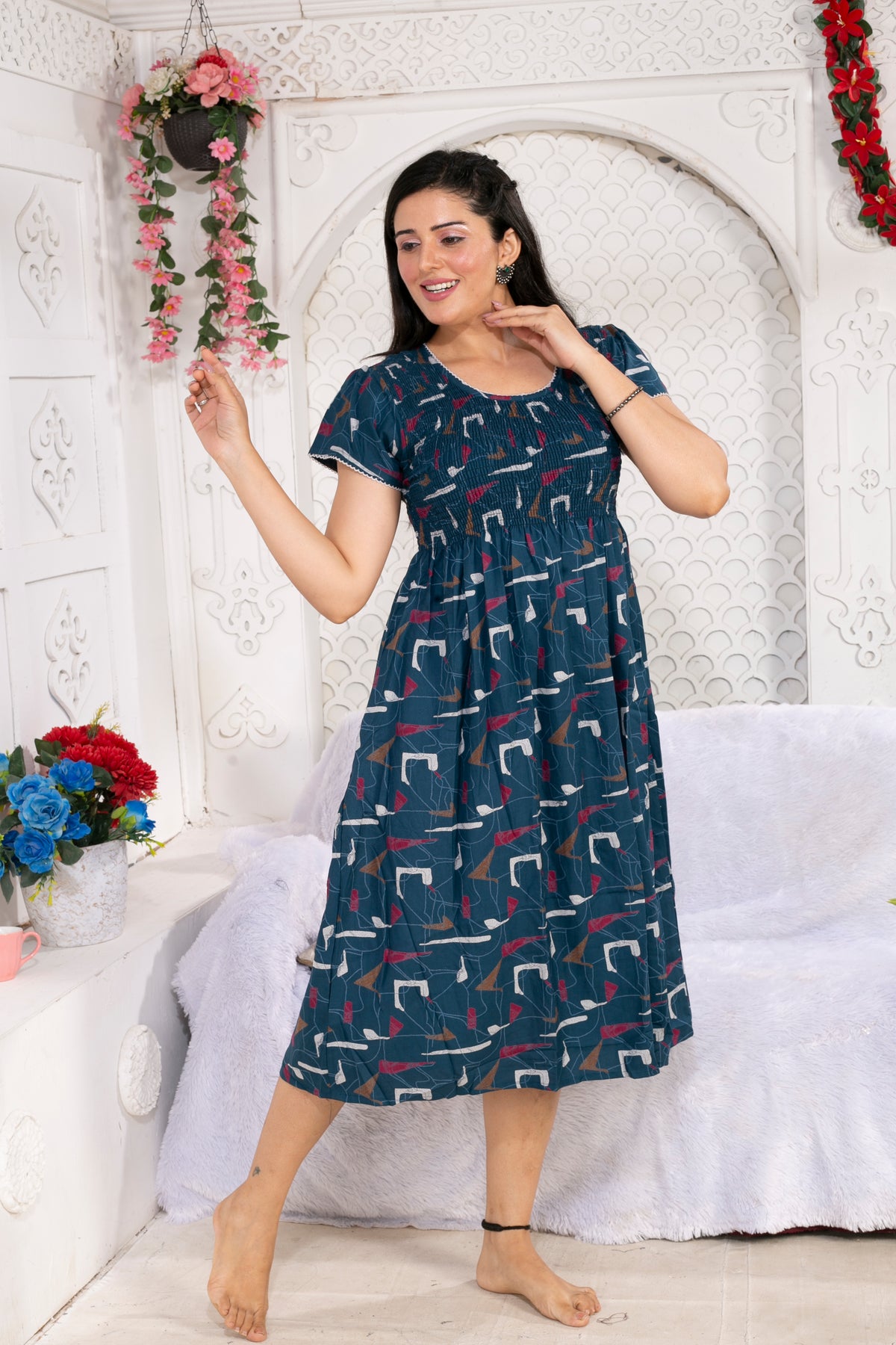 Alpine Smocking Maxi Frock Model Nightgown for Trendy Women's & Teenage Girl's | Stretchable Comfort to Body Fit | Side Pocket & Stylish Round Neck MAXI Gown for Women's Teenage Girl's (ASM)