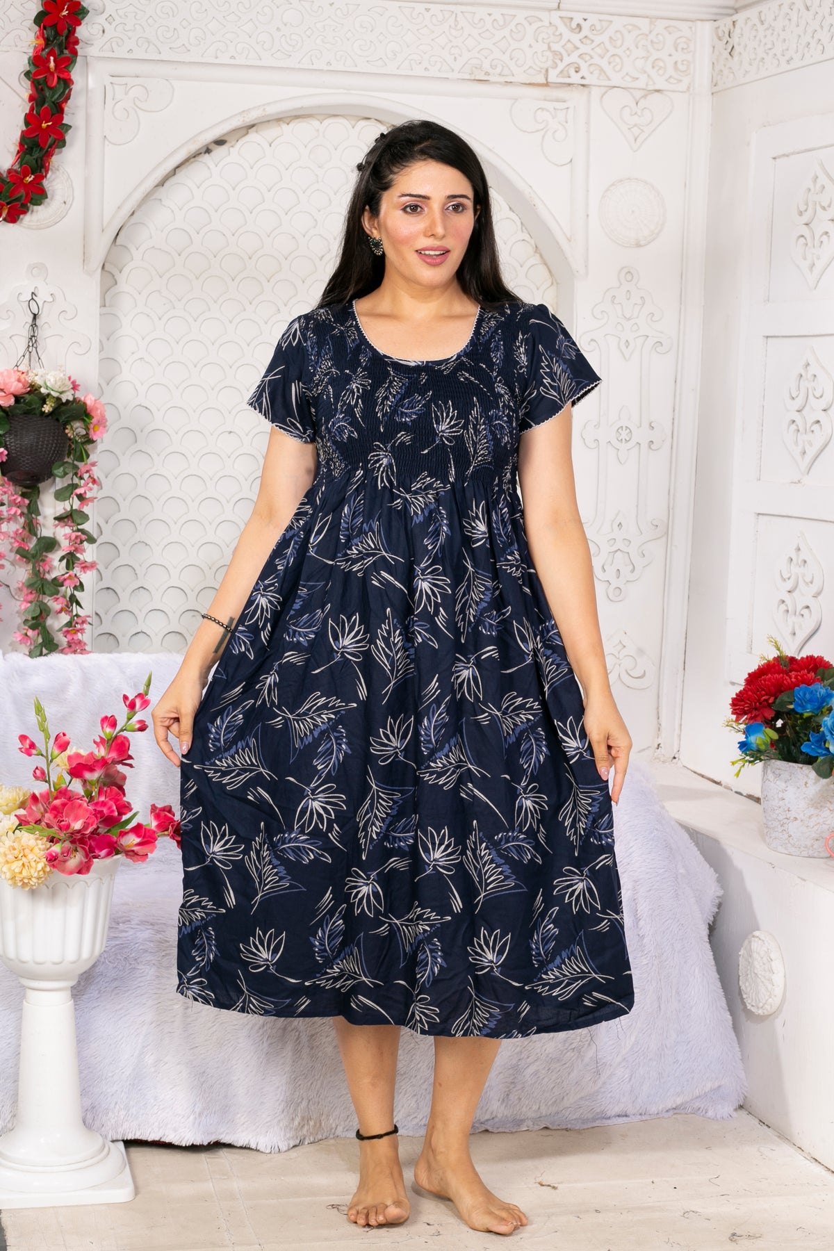 Alpine Smocking Maxi Frock Model Nightgown for Trendy Women's & Teenage Girl's | Stretchable Comfort to Body Fit | Side Pocket & Stylish Round Neck MAXI Gown for Women's Teenage Girl's (ASM)