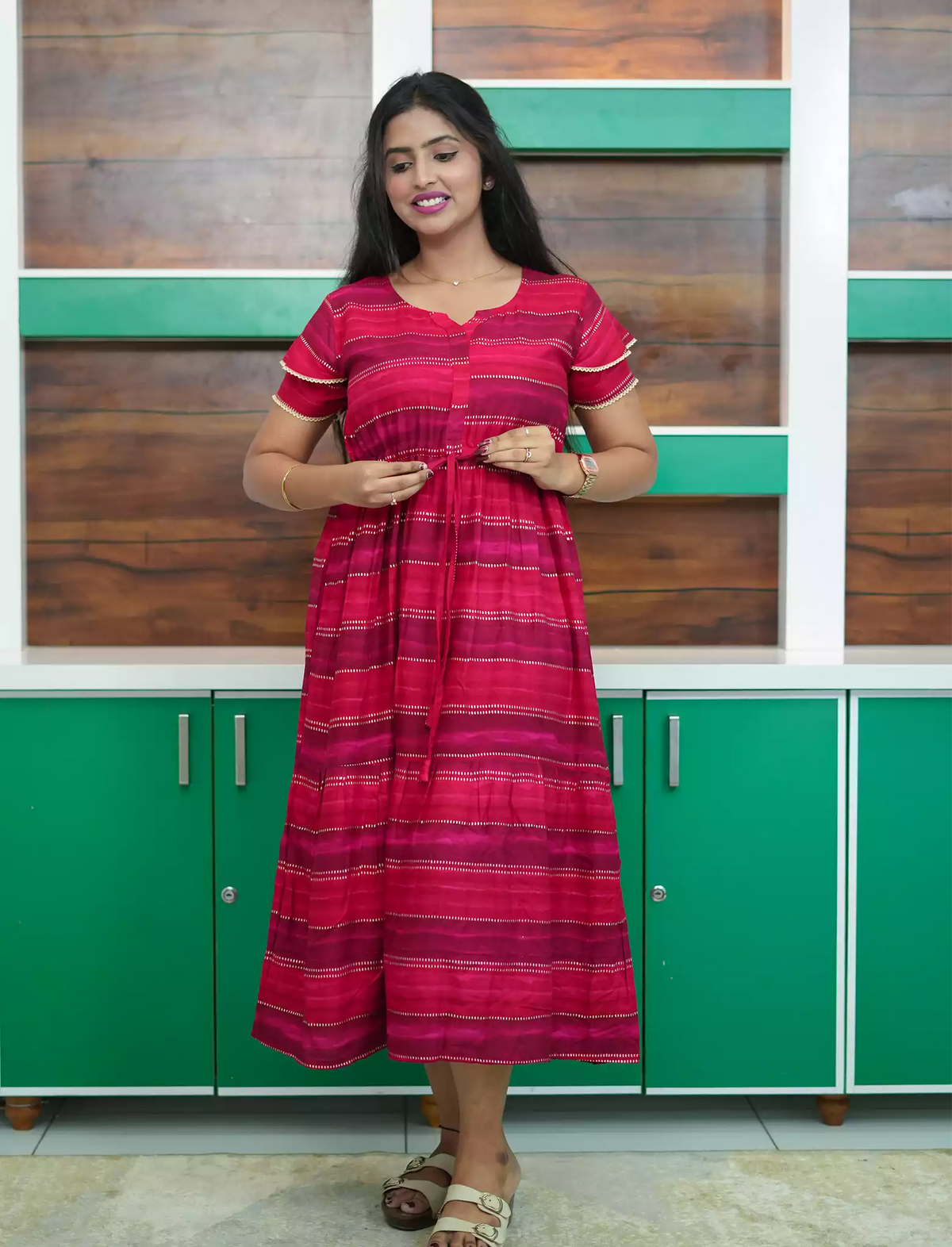 Rayon Stripe Print Gathering Maxi with Front Tie - Mangai Nighties