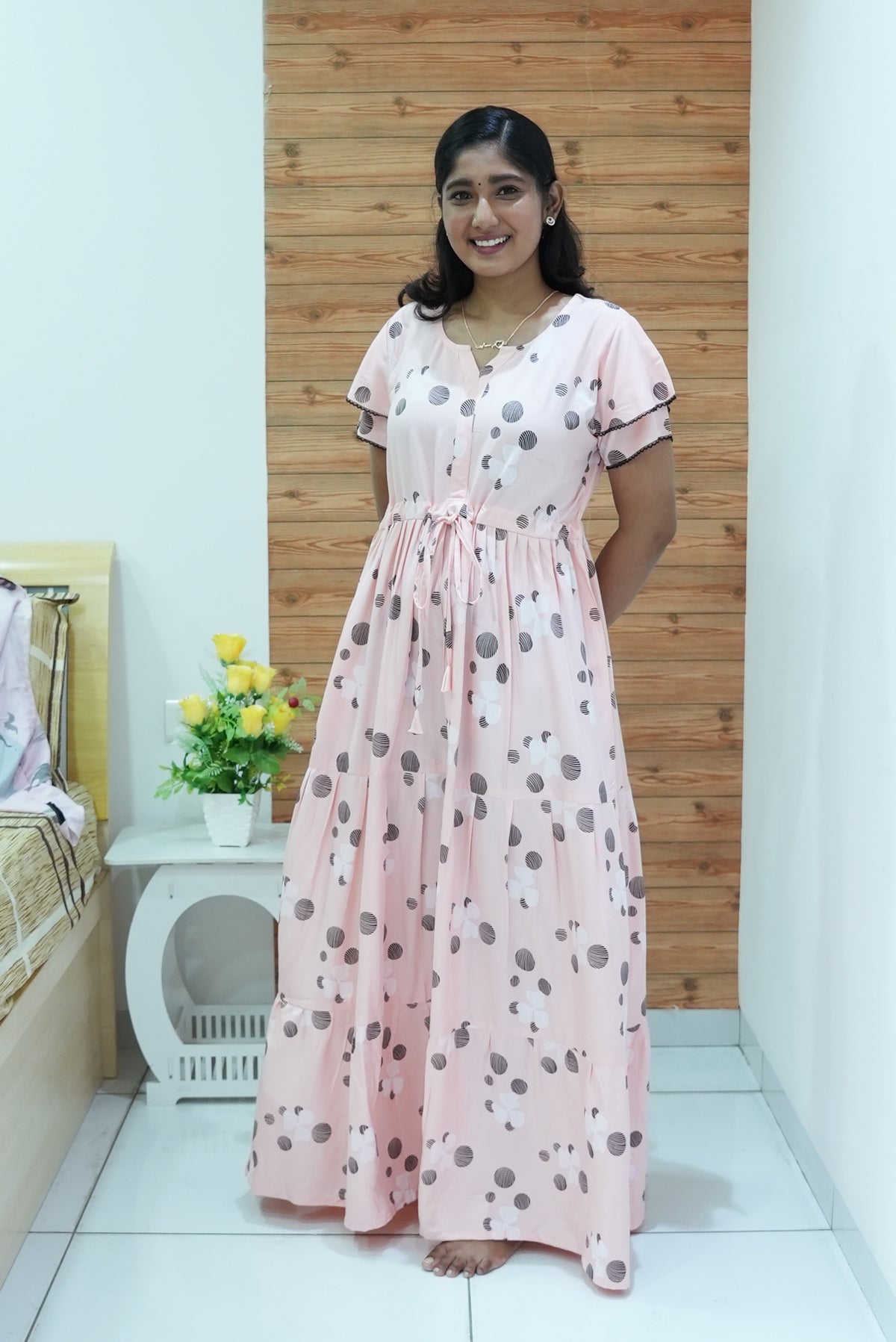 Stylish Arrivals Rayon Gathering Frock Model Night Gown's | Front Adjustable Gathering Style Rope Rope | Double Layer Sleeve | Trending Collection's for Stylish Women's (GFK)