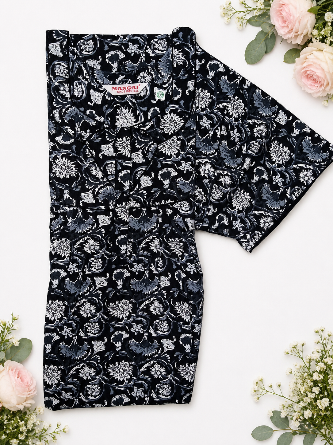 MANGAI Premium Cotton Printed Pleated Model Half Sleeve 3XL Size Nighties With Fancy Neck | With Side Pocket (3PZ)