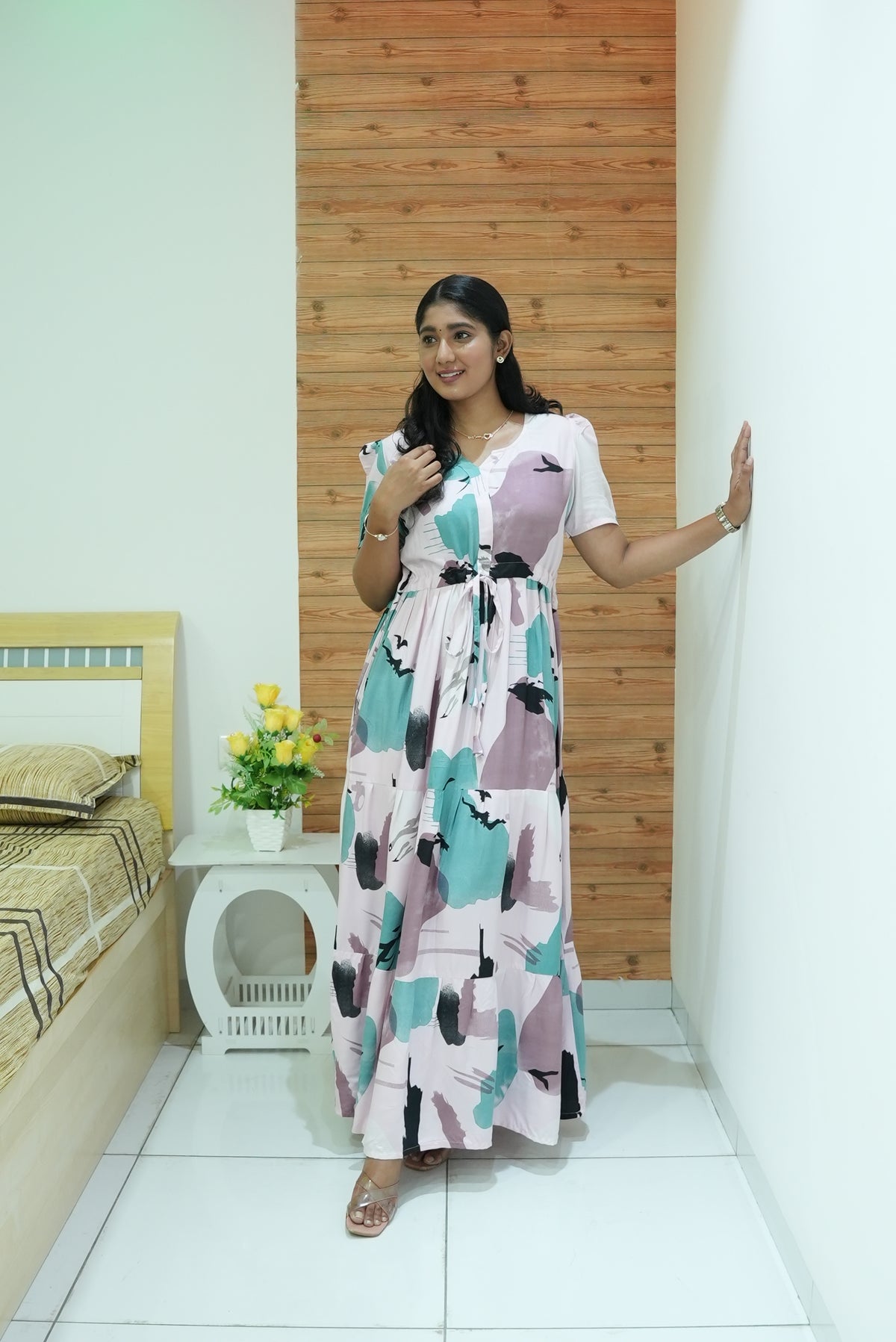 Stylish Arrivals Rayon Gathering Frock Model Night Gown's | Front Adjustable Gathering Style Rope Rope | Puff Sleeve | Trending Collection's for Stylish Women's (GFK)