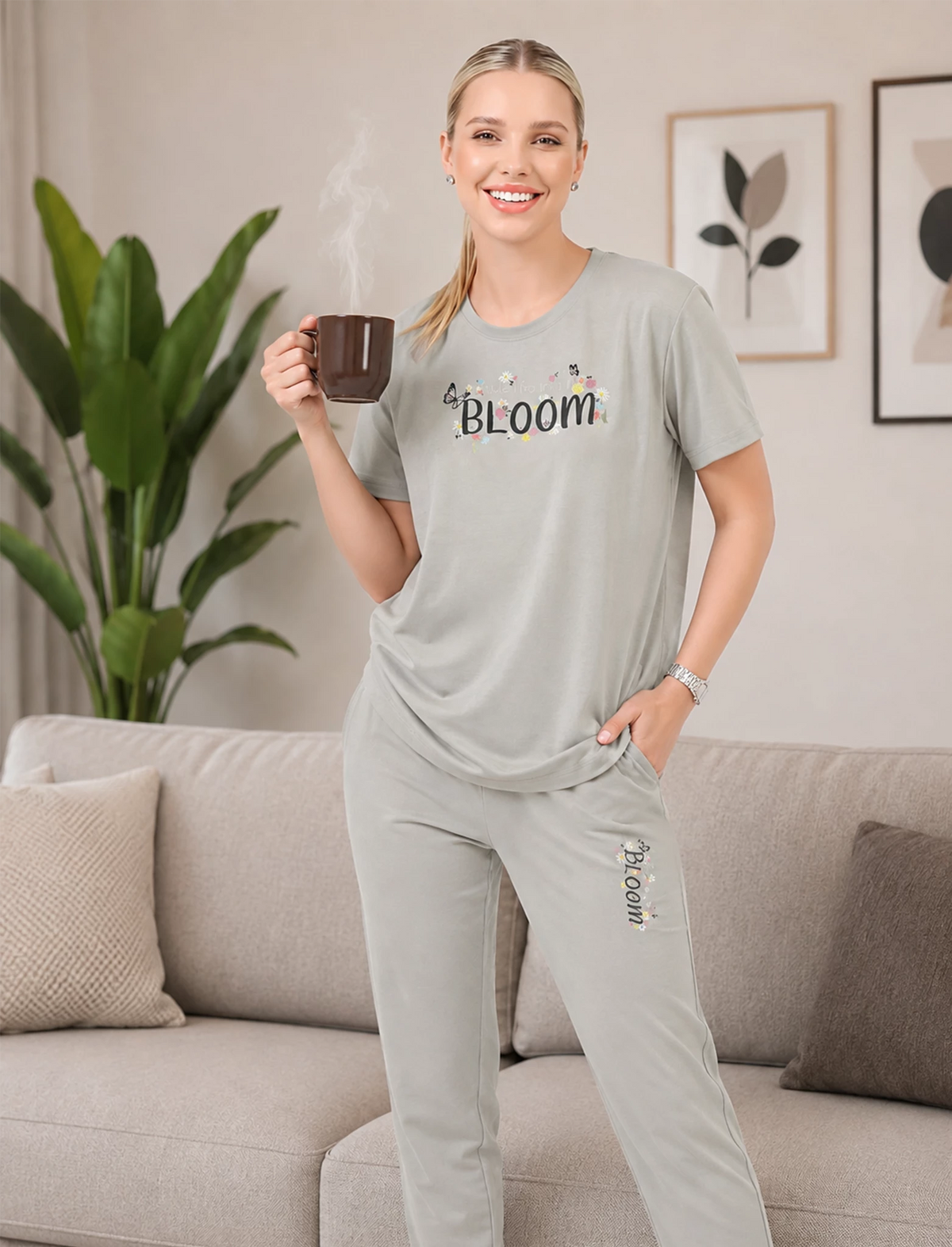 Mist Grey Tencel Printed Casual Night Suit - Mangai Nighties