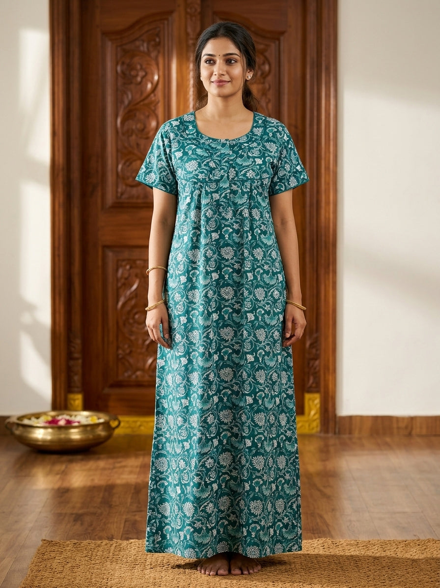 MANGAI Premium Cotton Printed Pleated Model Half Sleeve 3XL Size Nighties With Fancy Neck | With Side Pocket (3PZ)