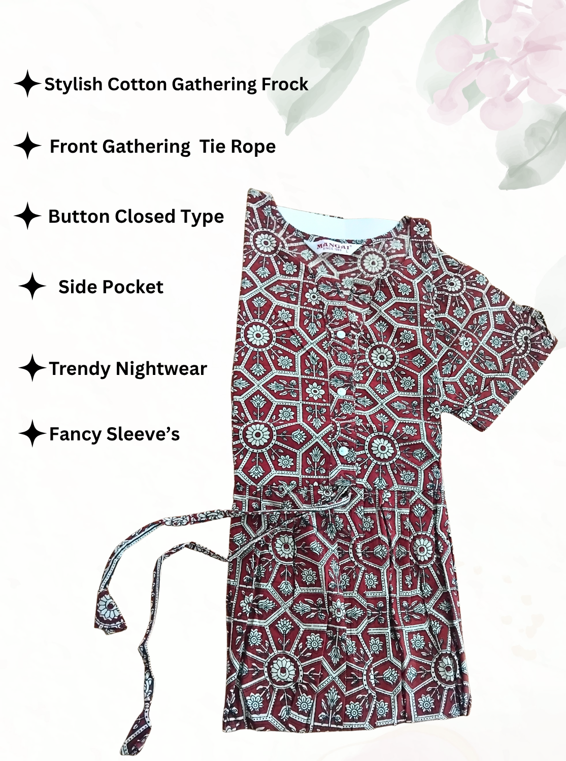 Cotton Gathering Frock for Summer Arrivals | Side Pocket | Button Closed | Elegant Casual Night Wear for Trendy Women's (FKC)