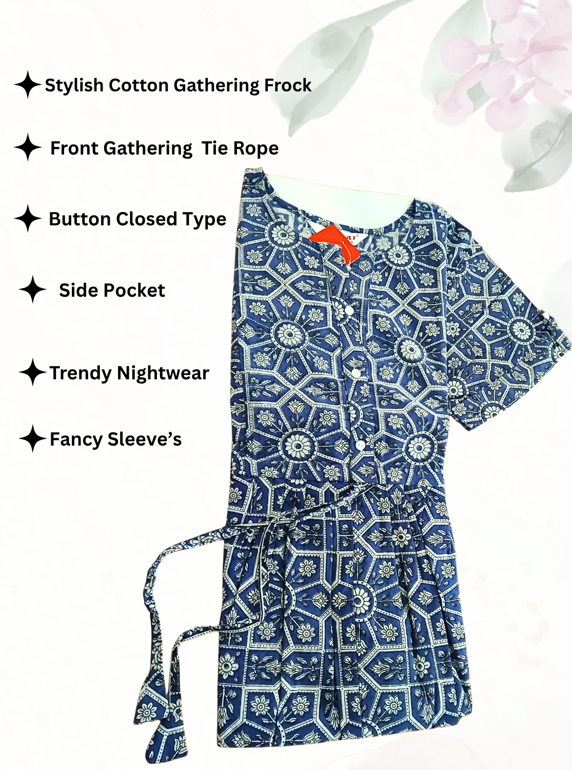Cotton Gathering Frock for Summer Arrivals | Side Pocket | Button Closed | Elegant Casual Night Wear for Trendy Women's (FKC)