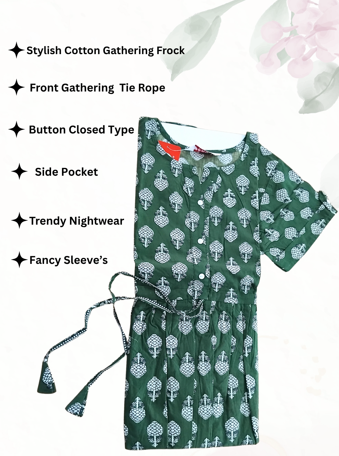 Cotton Gathering Frock for Summer Arrivals | Side Pocket | Button Closed | Elegant Casual Night Wear for Trendy Women's (FKC)