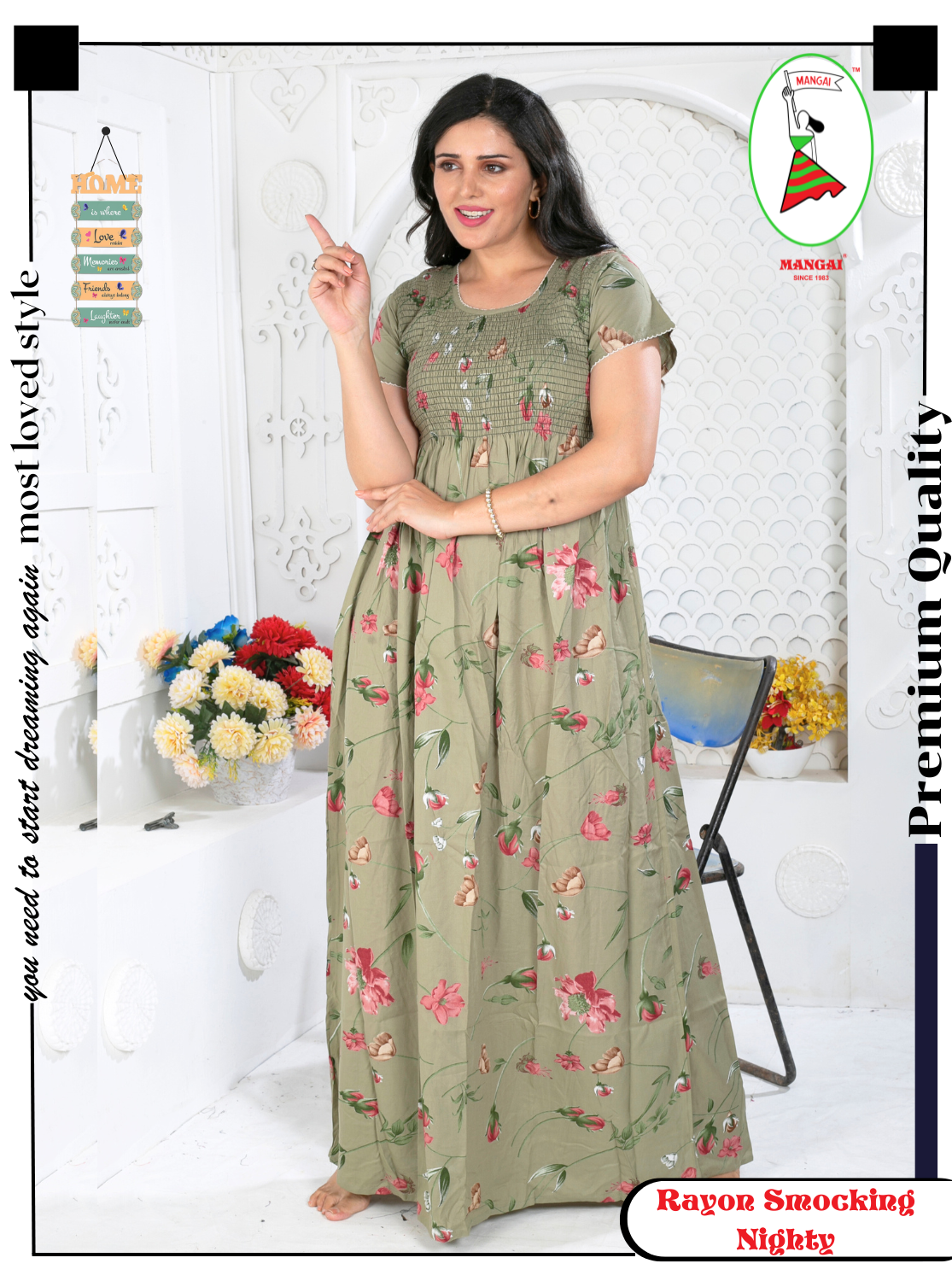 MANGAI Premium RAYON Smocking Nighty | Beautiful Pleated Design | Side Pocket | Stylish Nighty for Trendy Women's | Your Perfect Nightwear Collection's (RYS)