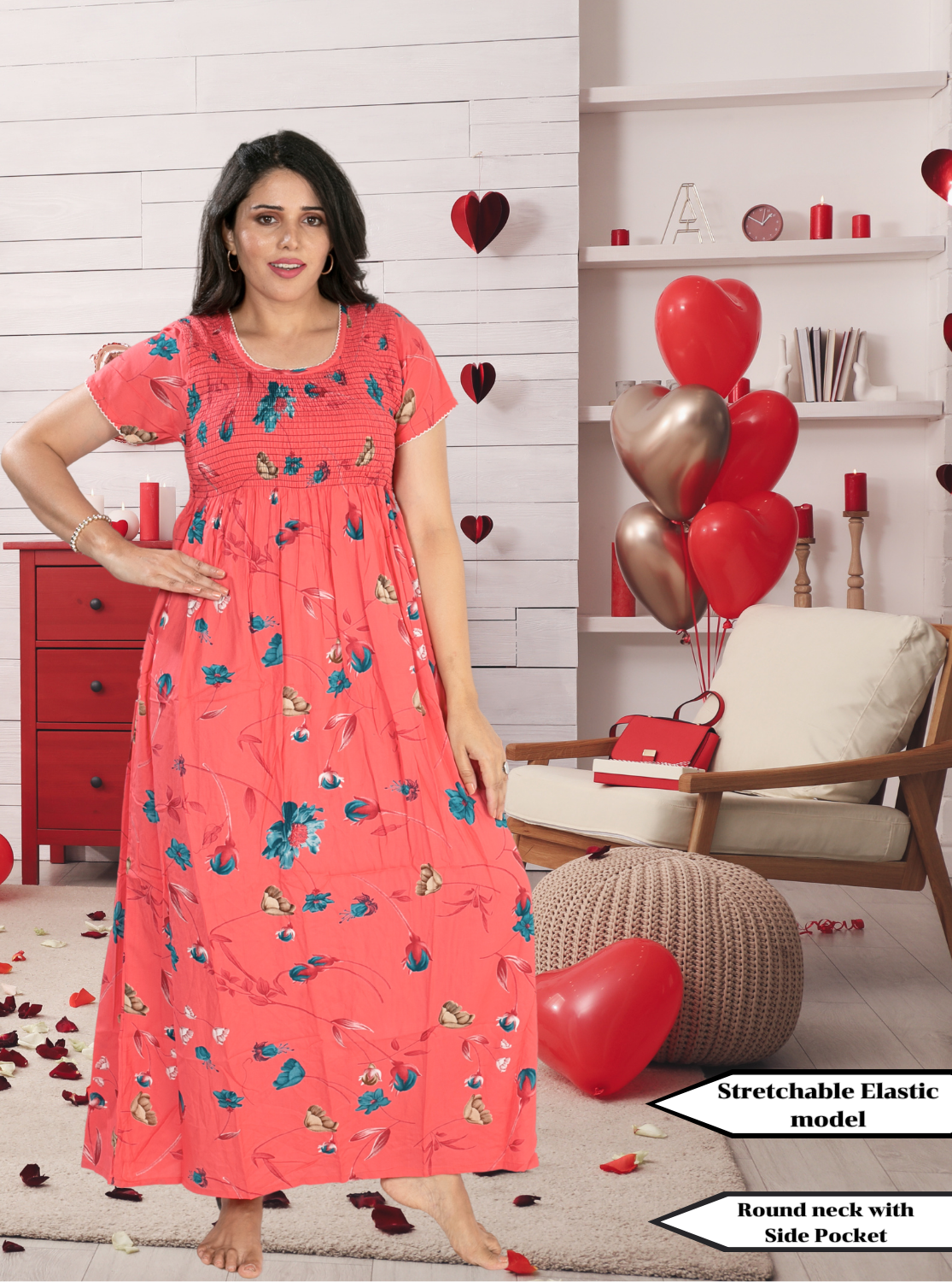 MANGAI Premium RAYON Smocking Nighty | Beautiful Pleated Design | Side Pocket | Stylish Nighty for Trendy Women's | Your Perfect Nightwear Collection's (RYS)