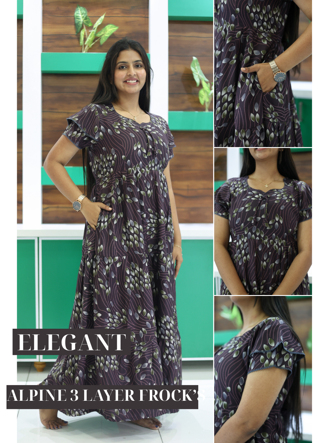 MANGAI New Alpine 3 Layer Frock for Women | Stylish Double Layer Sleeve Nighty with Fancy Neck | Back Tie Rope & Side Pocket | Flared Bottom Full Length Modern Nightwear (AFK)