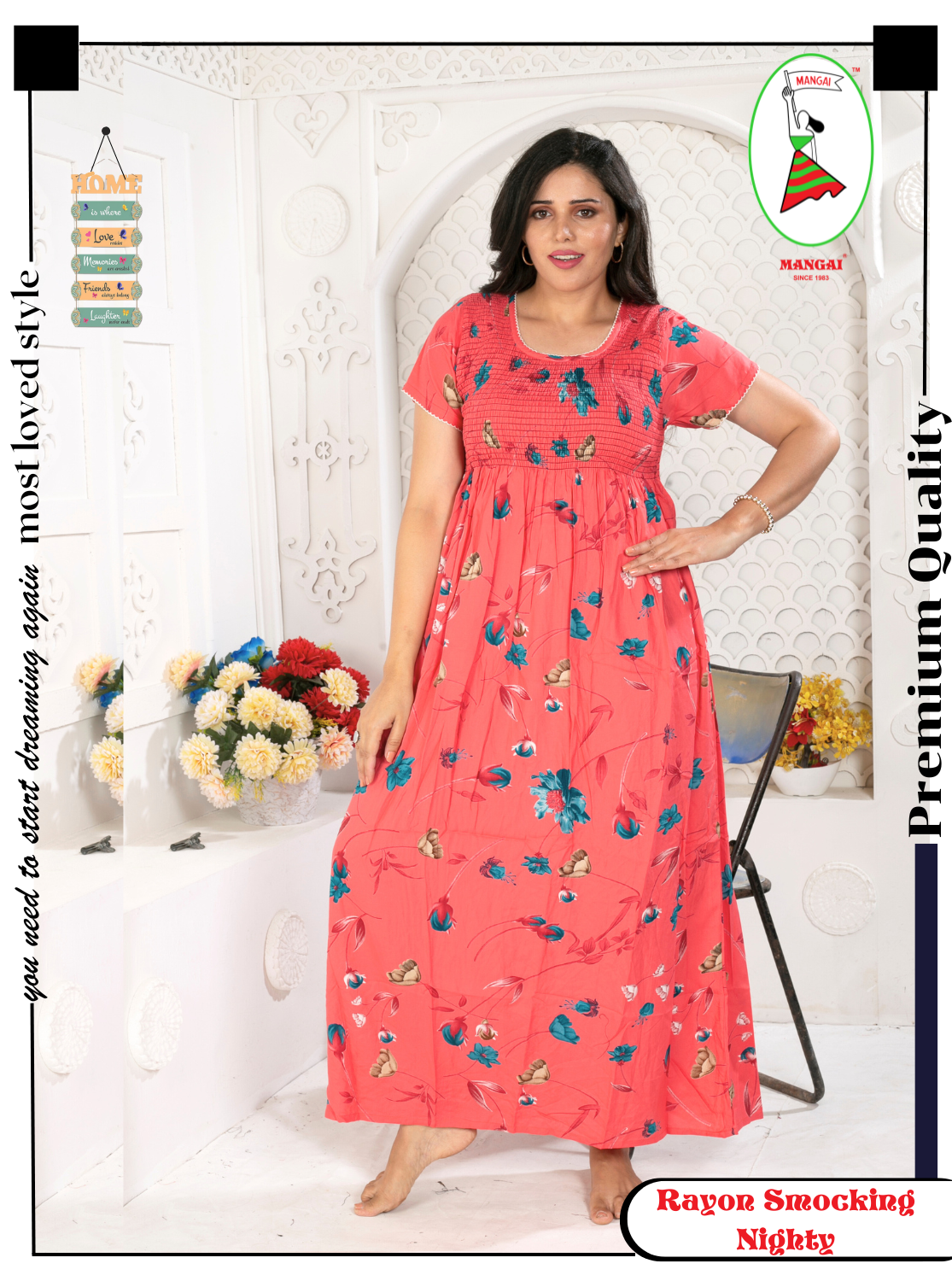 MANGAI Premium RAYON Smocking Nighty | Beautiful Pleated Design | Side Pocket | Stylish Nighty for Trendy Women's | Your Perfect Nightwear Collection's (RYS)