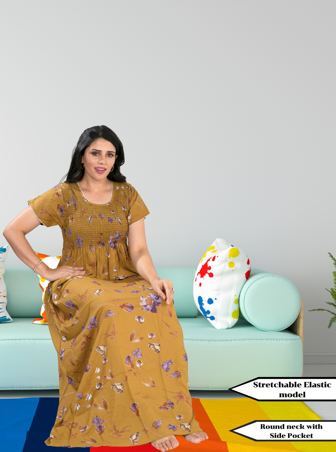 MANGAI Premium RAYON Smocking Nighty | Beautiful Pleated Design | Side Pocket | Stylish Nighty for Trendy Women's | Your Perfect Nightwear Collection's (RYS)