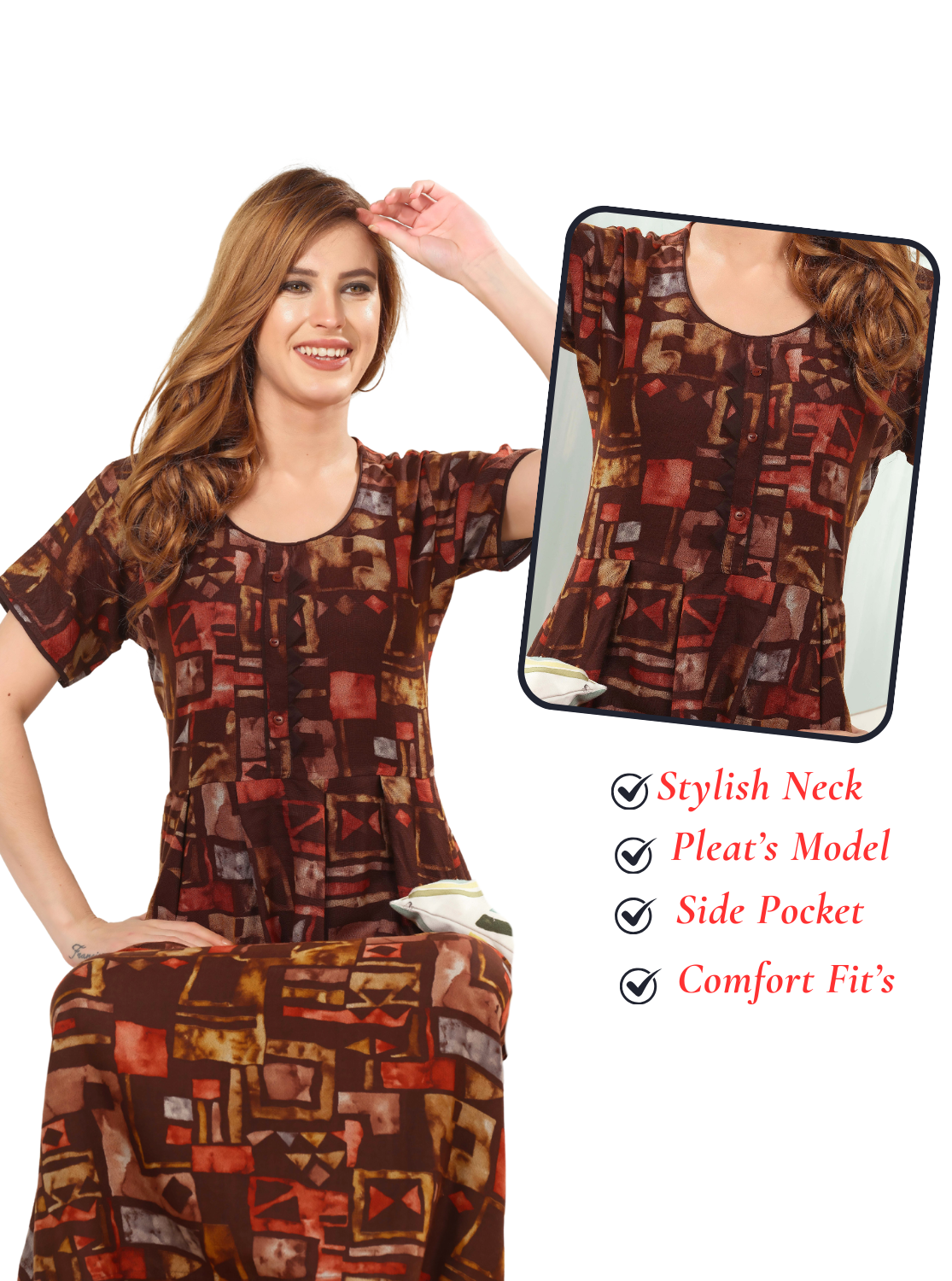 Alpine KURTI Style Nighties| Beautiful Stylish KURTI Model | Half Sleeve | Without Zipper | Stylish Thread Tied Front Closed Type | Fresh Collection's for Stylish Women's (AK-H)