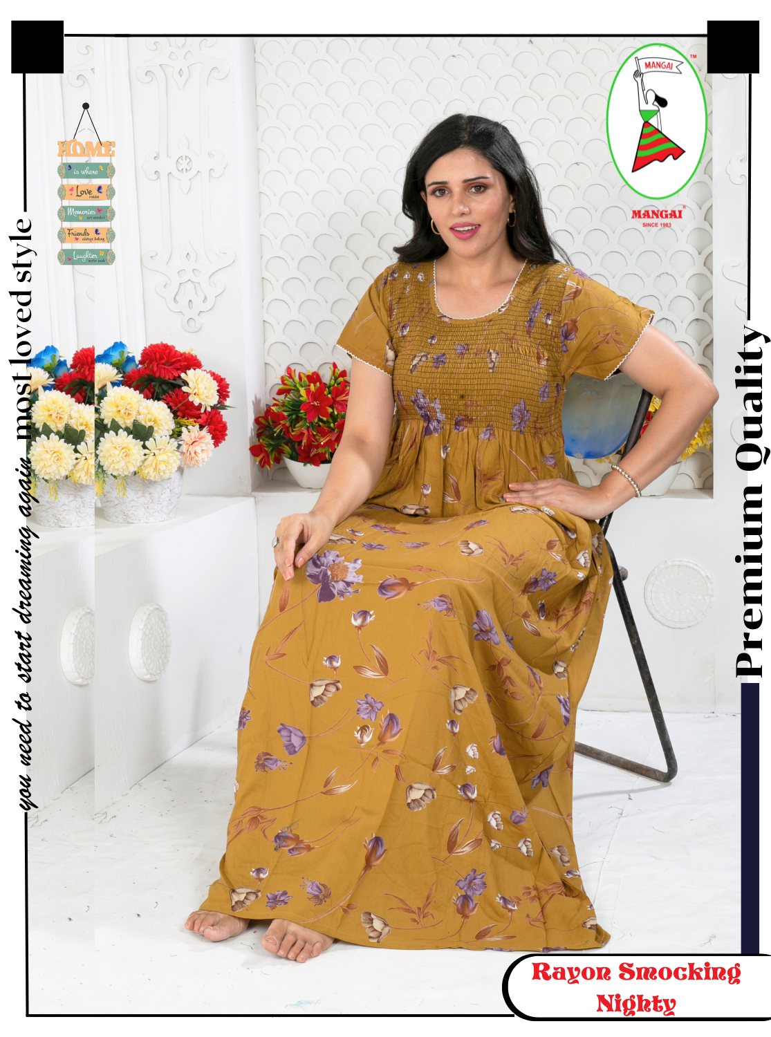 MANGAI Premium RAYON Smocking Nighty | Beautiful Pleated Design | Side Pocket | Stylish Nighty for Trendy Women's | Your Perfect Nightwear Collection's (RYS)