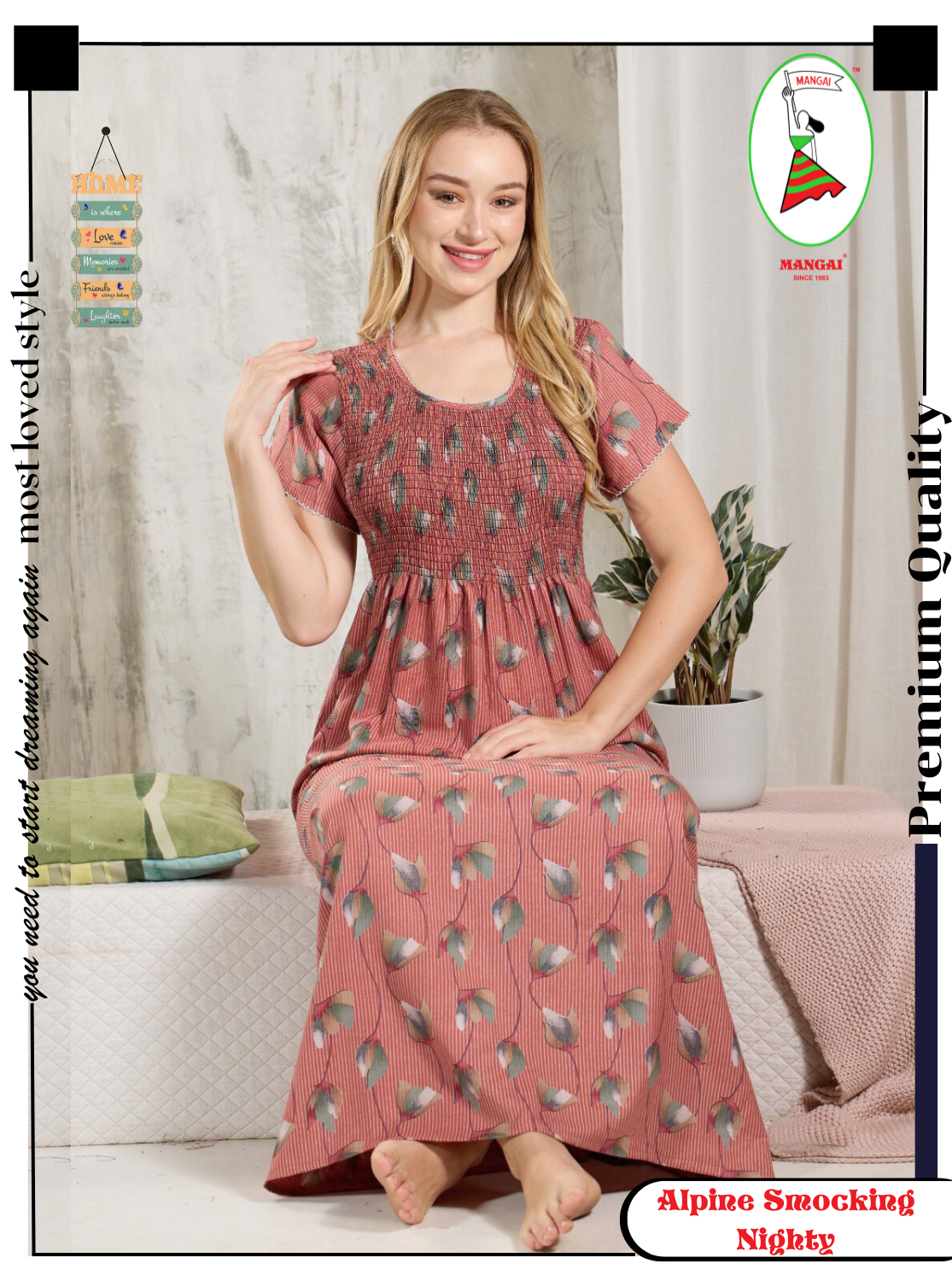 ALPINE Smocking Nighty | Beautiful Pleated Design | Side Pocket | Stylish Nighty for Trendy Women's | Your Perfect Nightwear Collection's (ALS)