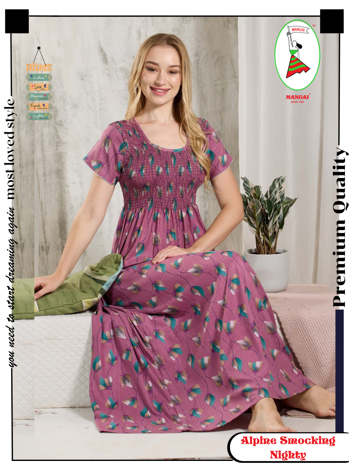 ALPINE Smocking Nighty | Beautiful Pleated Design | Side Pocket | Stylish Nighty for Trendy Women's | Your Perfect Nightwear Collection's (ALS)