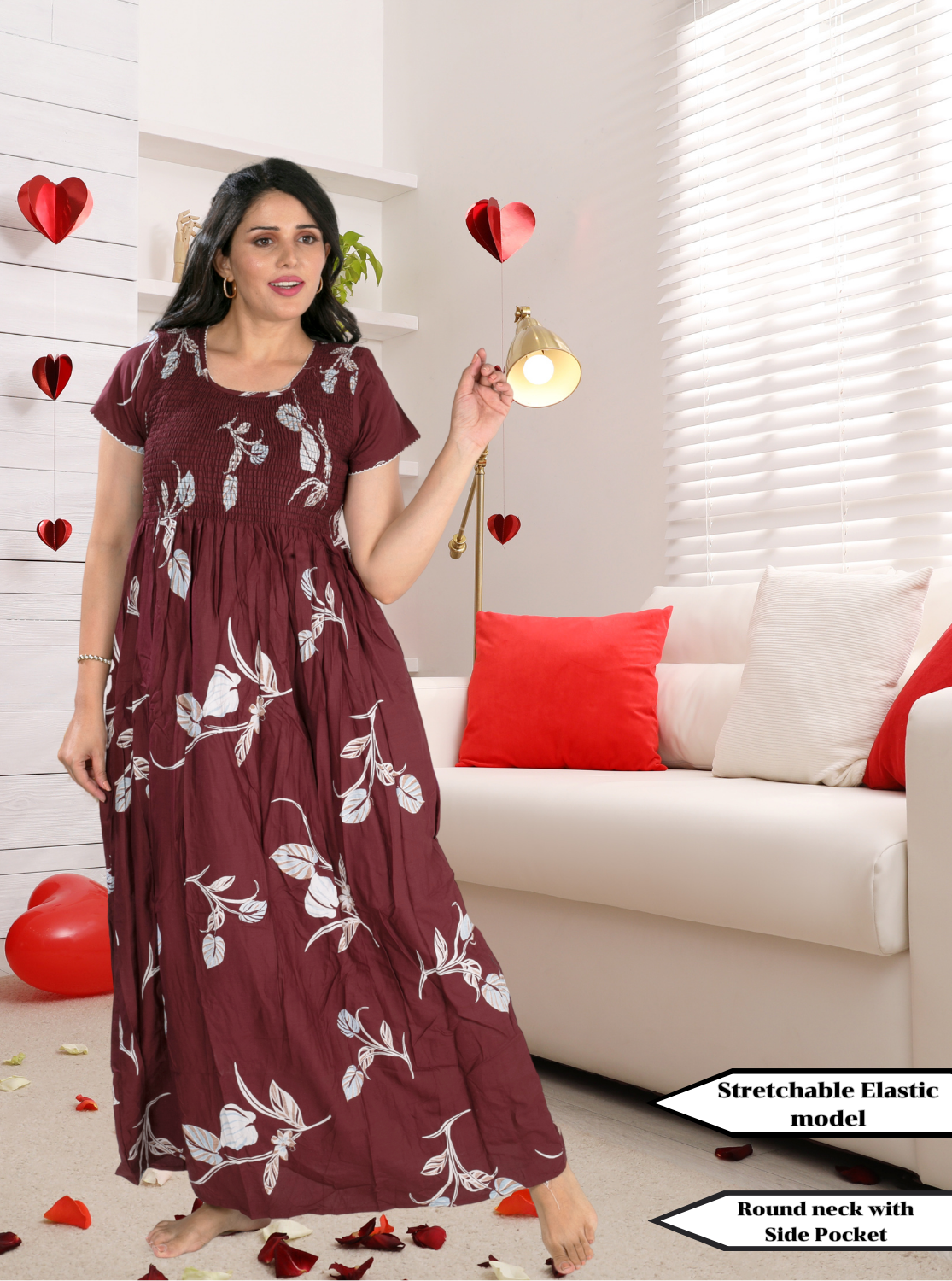 MANGAI Premium RAYON Smocking Nighty | Beautiful Pleated Design | Side Pocket | Stylish Nighty for Trendy Women's | Your Perfect Nightwear Collection's (RYS)