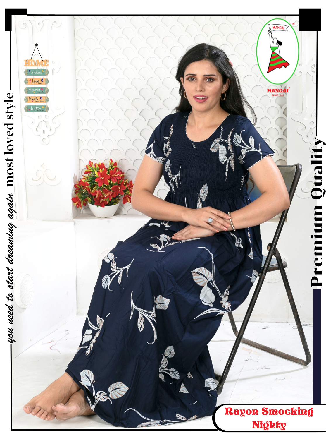 MANGAI Premium RAYON Smocking Nighty | Beautiful Pleated Design | Side Pocket | Stylish Nighty for Trendy Women's | Your Perfect Nightwear Collection's (RYS)