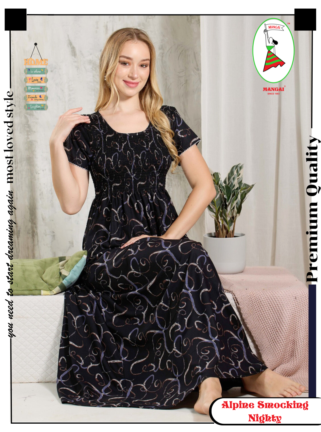 ALPINE Smocking Nighty | Beautiful Pleated Design | Side Pocket | Stylish Nighty for Trendy Women's | Your Perfect Nightwear Collection's (ALS)