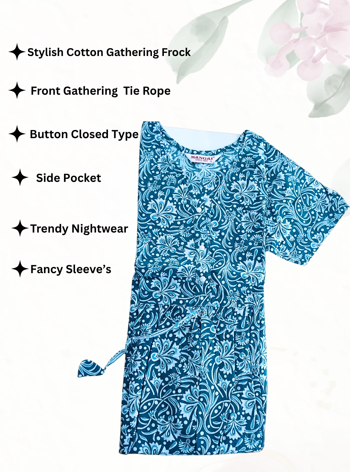 Cotton Gathering Frock for Summer Arrivals | Side Pocket | Button Closed | Elegant Casual Night Wear for Trendy Women's (FKC)