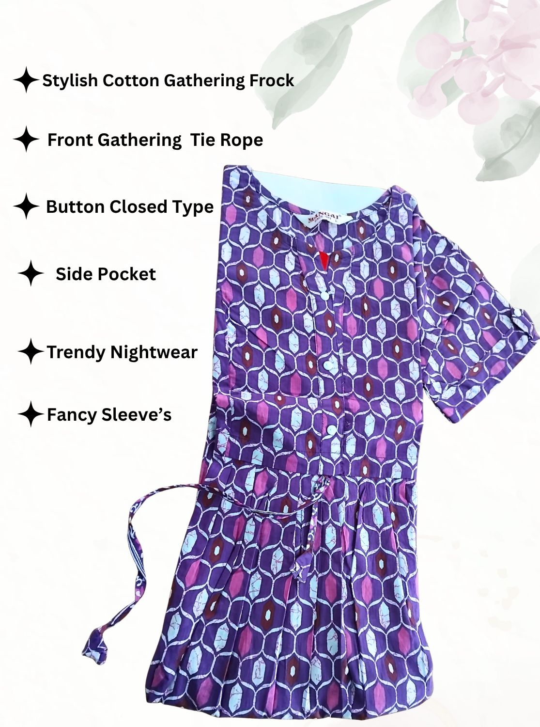 Cotton Gathering Frock for Summer Arrivals | Side Pocket | Button Closed | Elegant Casual Night Wear for Trendy Women's (FKC)