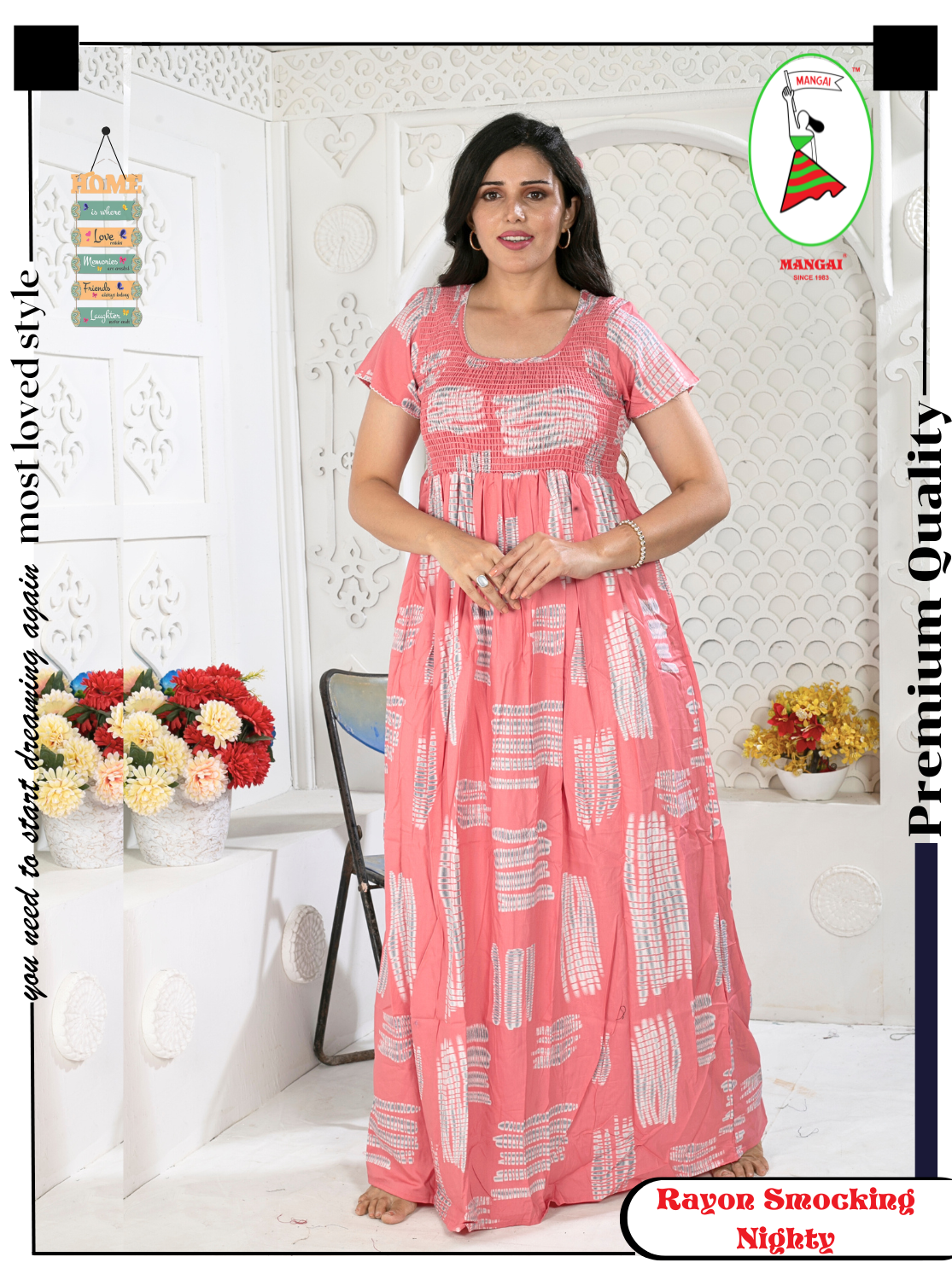 MANGAI Premium RAYON Smocking Nighty | Beautiful Pleated Design | Side Pocket | Stylish Nighty for Trendy Women's | Your Perfect Nightwear Collection's (RYS)