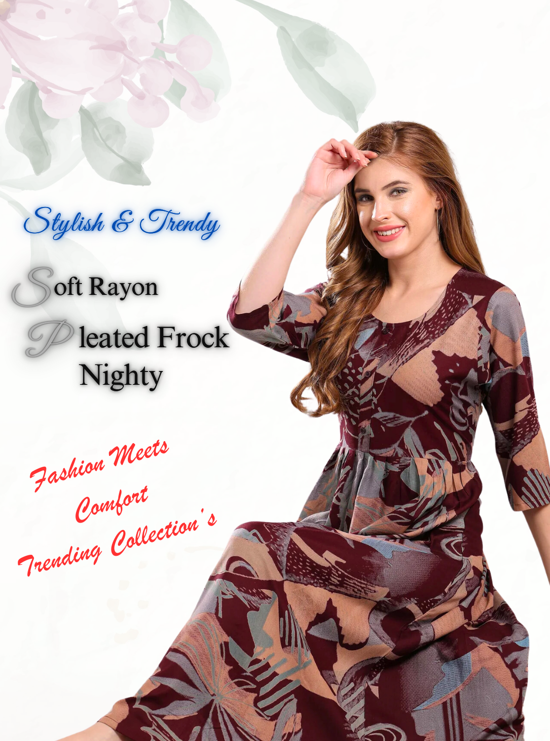 Latest Arrivals ONLY MINE Premium Rayon FROCK Model Pleated Nighties - Style 3/4 Length Sleeve | Soft & Smooth Cloths | Stylish Look | Perfect Nightdress for Trendy Women's (RCP)
