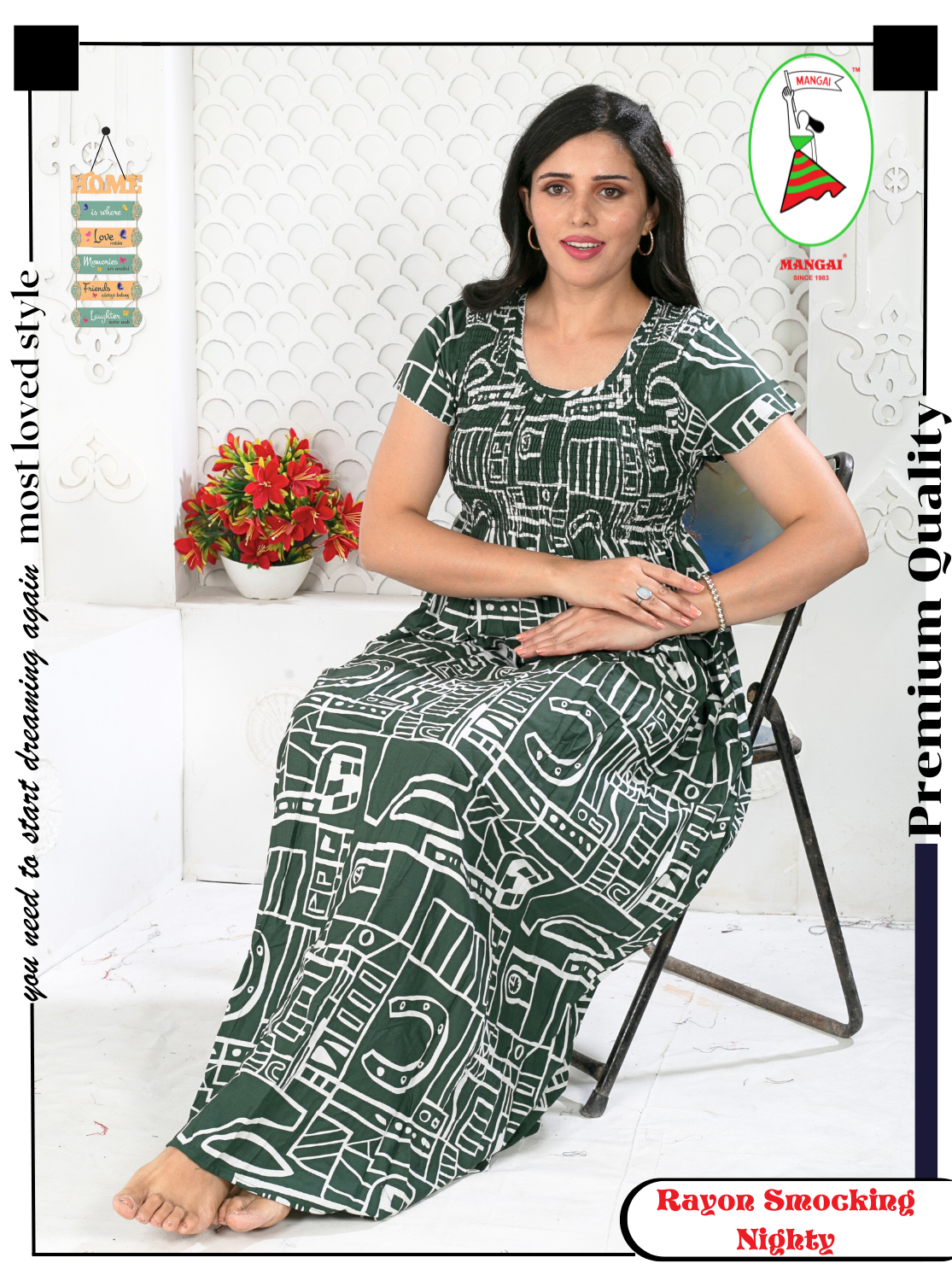 MANGAI Premium RAYON Smocking Nighty | Beautiful Pleated Design | Side Pocket | Stylish Nighty for Trendy Women's | Your Perfect Nightwear Collection's (RYS)