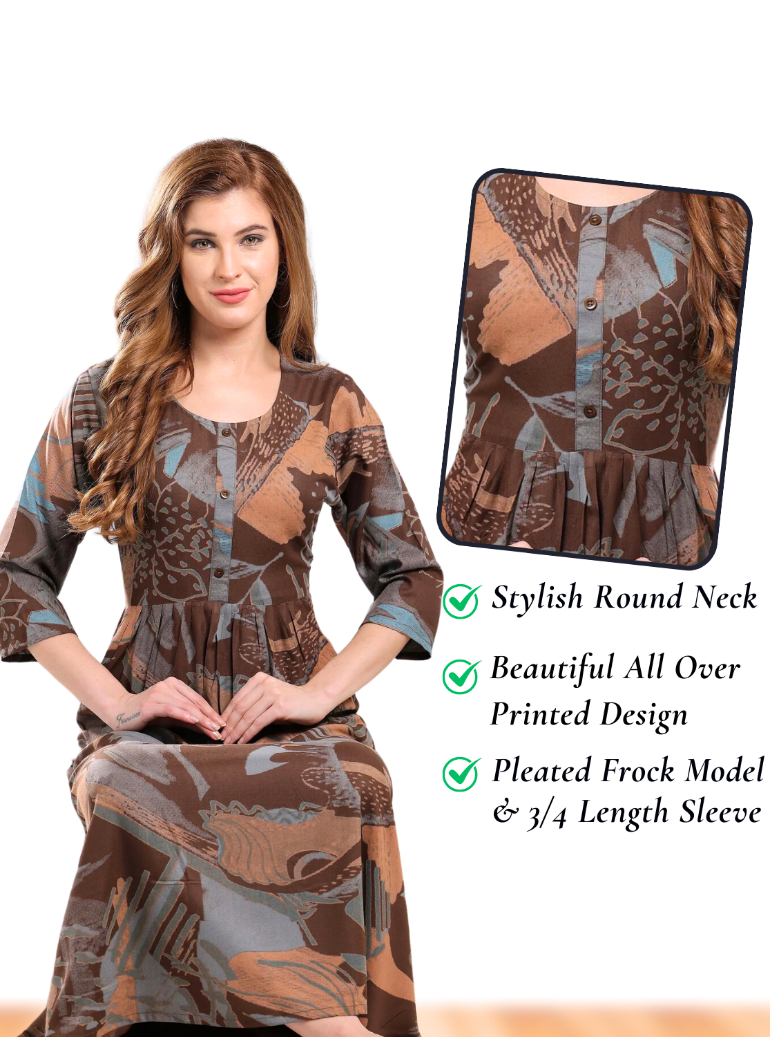 Latest Arrivals ONLY MINE Premium Rayon FROCK Model Pleated Nighties - Style 3/4 Length Sleeve | Soft & Smooth Cloths | Stylish Look | Perfect Nightdress for Trendy Women's (RCP)