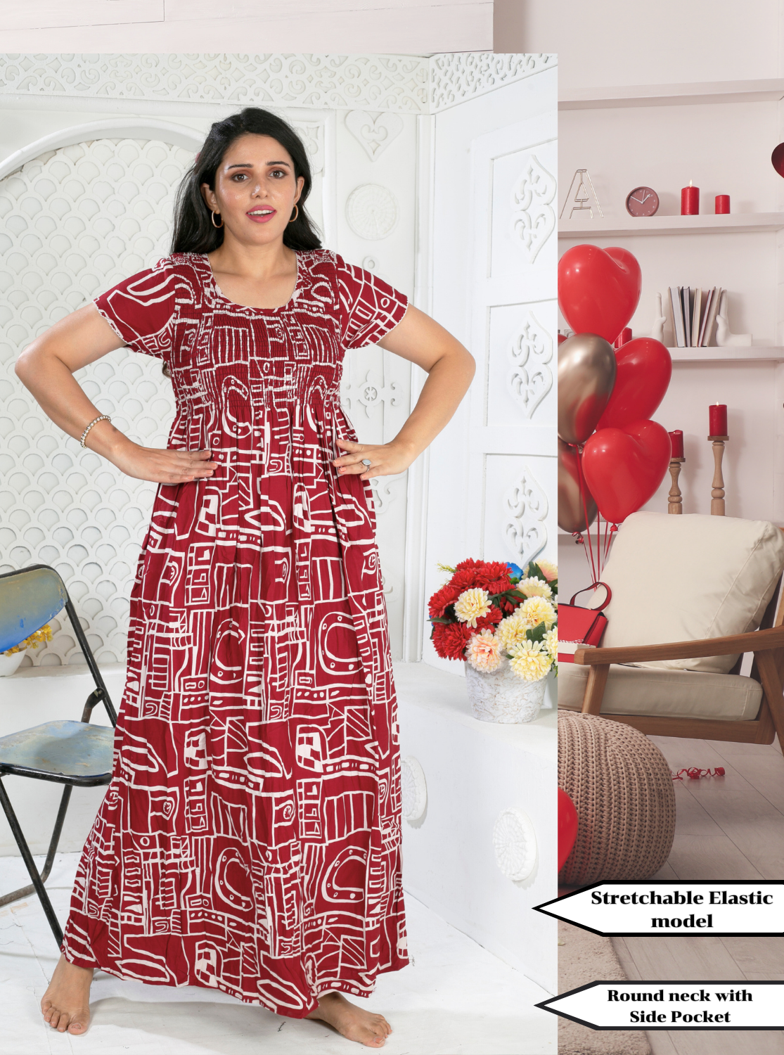 MANGAI Premium RAYON Smocking Nighty | Beautiful Pleated Design | Side Pocket | Stylish Nighty for Trendy Women's | Your Perfect Nightwear Collection's (RYS)