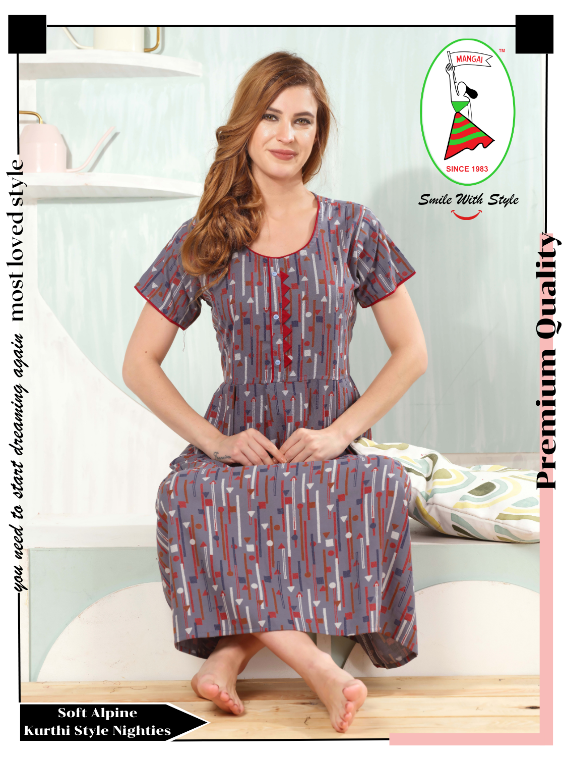 Alpine KURTI Style Nighties| Beautiful Stylish KURTI Model | Half Sleeve | Without Zipper | Stylish Thread Tied Front Closed Type | Fresh Collection's for Stylish Women's (AK-H)