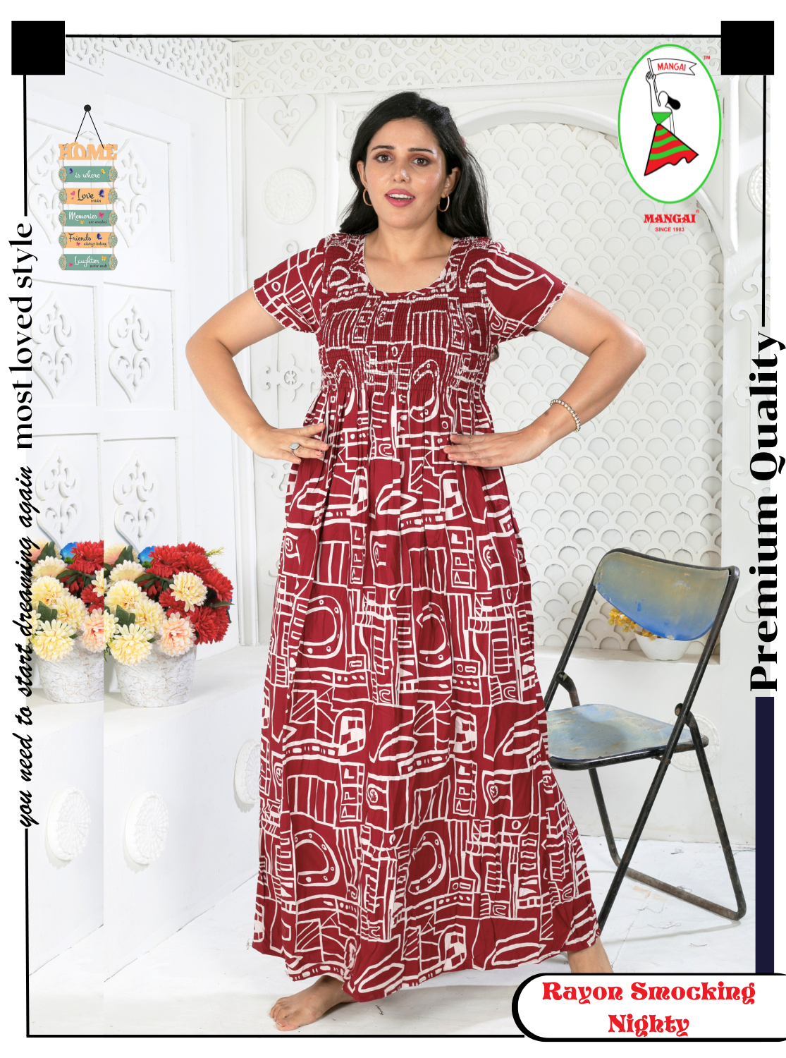 MANGAI Premium RAYON Smocking Nighty | Beautiful Pleated Design | Side Pocket | Stylish Nighty for Trendy Women's | Your Perfect Nightwear Collection's (RYS)