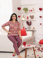 MANGAI Premium Cotton Printed Night Suits | Stylish Print's All Over | Top & Bottom Set | 3/4 Sleeve | Trendy Night Suits for Stylish Women's (CNS)