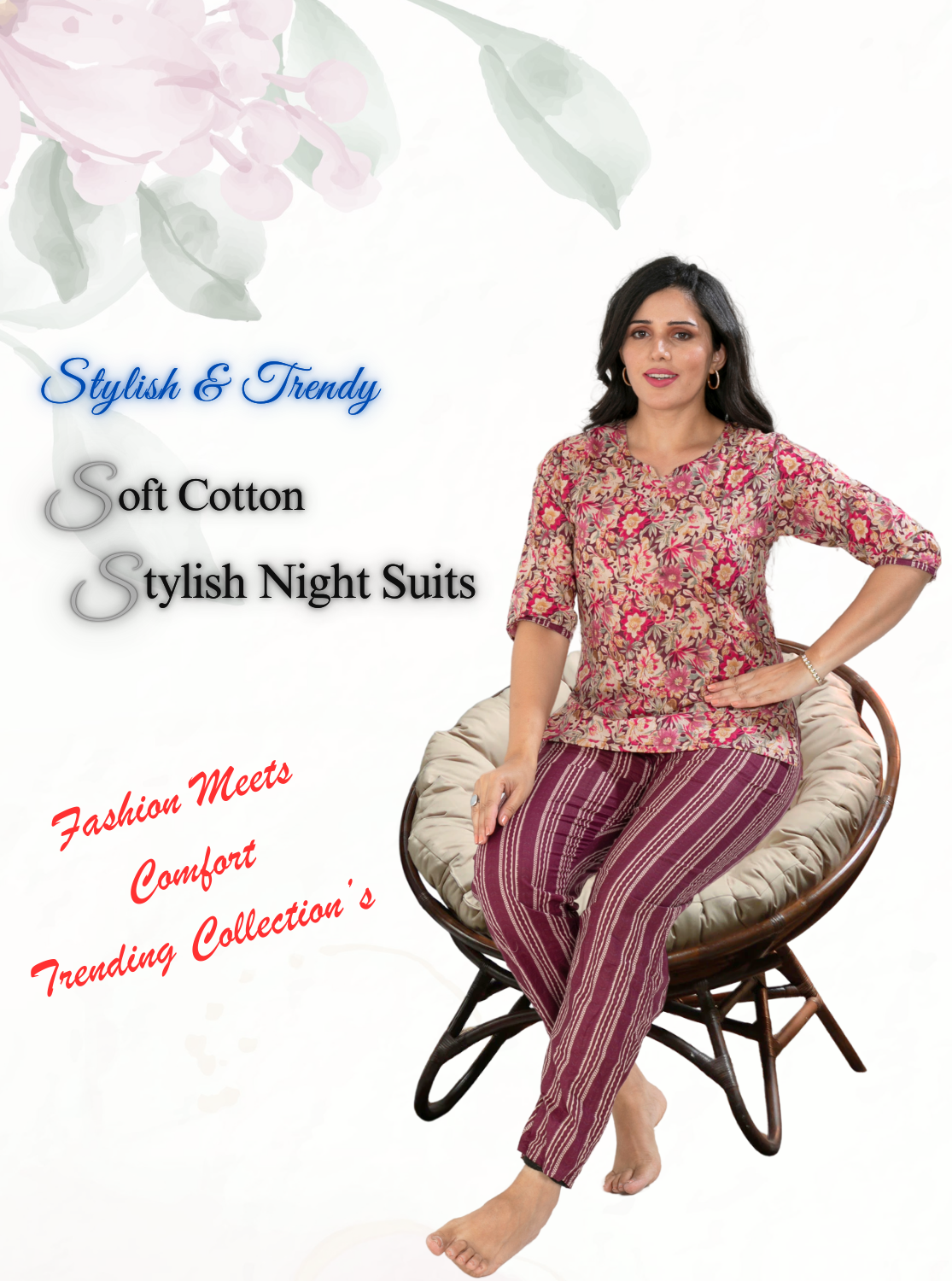 MANGAI Premium Cotton Printed Night Suits | Stylish Print's All Over | Top & Bottom Set | 3/4 Sleeve | Trendy Night Suits for Stylish Women's (CNS)
