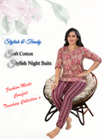 MANGAI Premium Cotton Printed Night Suits | Stylish Print's All Over | Top & Bottom Set | 3/4 Sleeve | Trendy Night Suits for Stylish Women's (CNS)