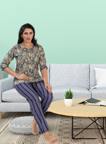 MANGAI Premium Cotton Printed Night Suits | Stylish Print's All Over | Top & Bottom Set | 3/4 Sleeve | Trendy Night Suits for Stylish Women's (CNS)