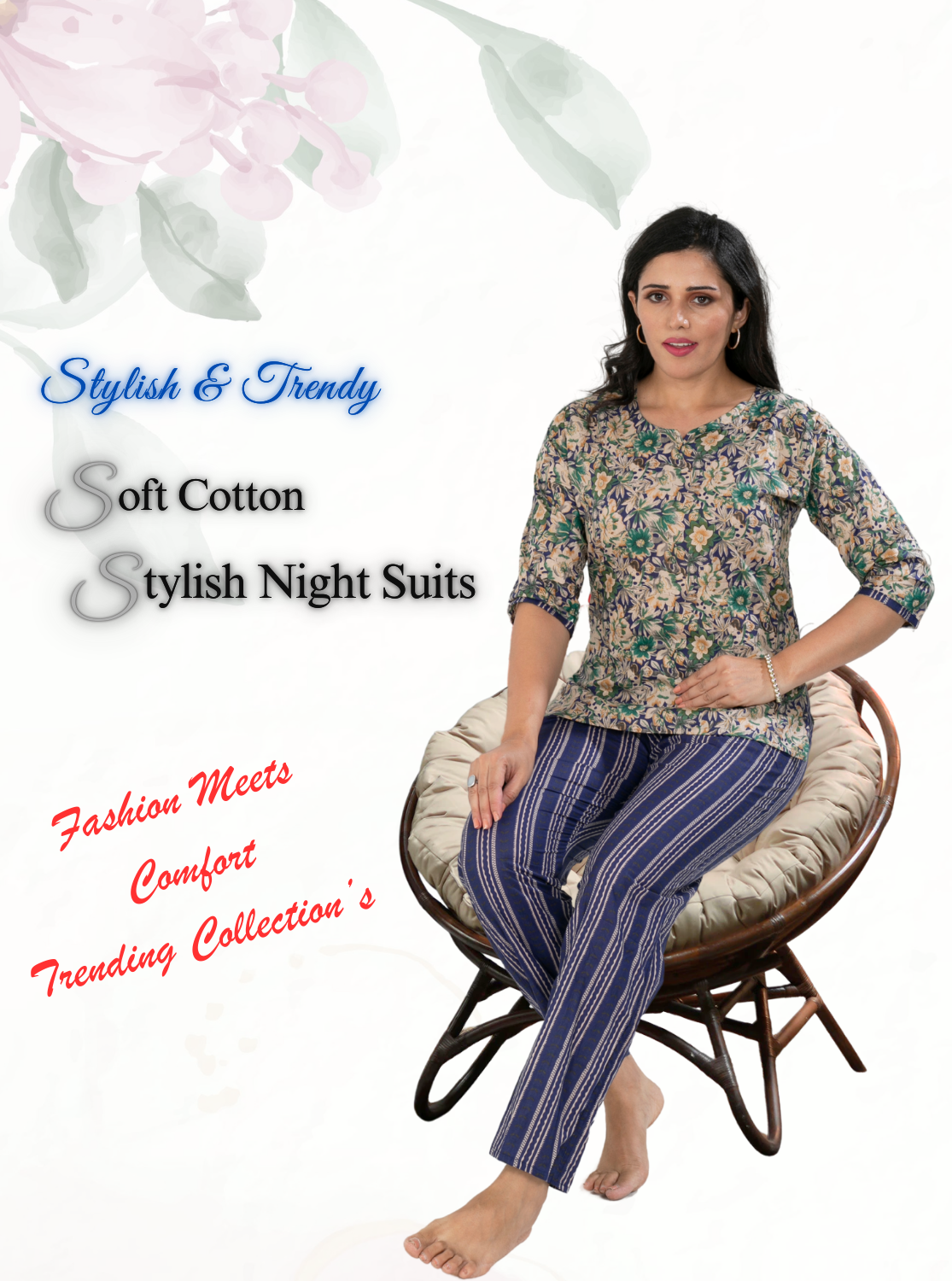 MANGAI Premium Cotton Printed Night Suits | Stylish Print's All Over | Top & Bottom Set | 3/4 Sleeve | Trendy Night Suits for Stylish Women's (CNS)