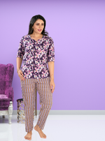 MANGAI Premium Cotton Printed Night Suits | Stylish Print's All Over | Top & Bottom Set | 3/4 Sleeve | Trendy Night Suits for Stylish Women's (CNS)