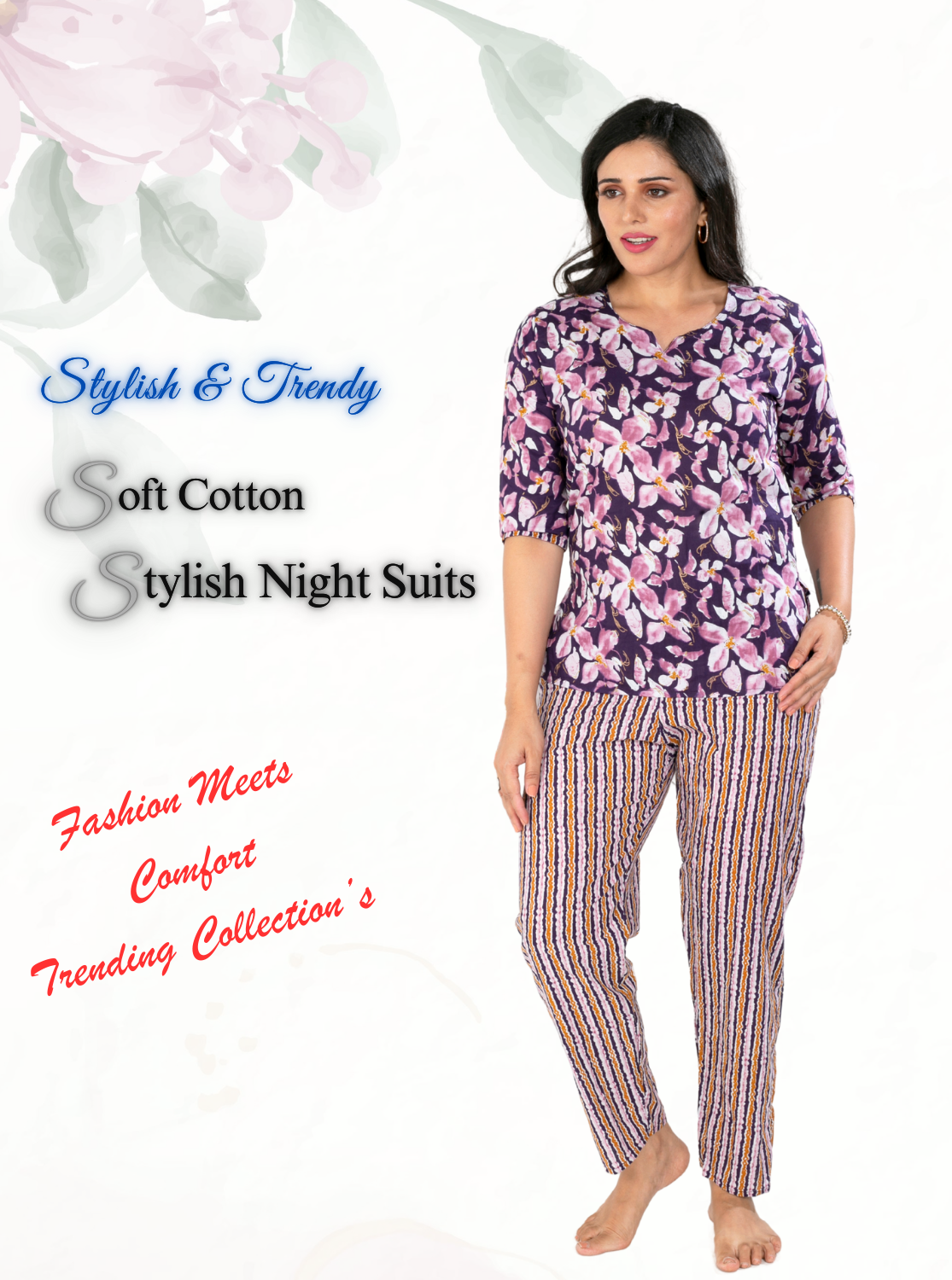 MANGAI Premium Cotton Printed Night Suits | Stylish Print's All Over | Top & Bottom Set | 3/4 Sleeve | Trendy Night Suits for Stylish Women's (CNS)