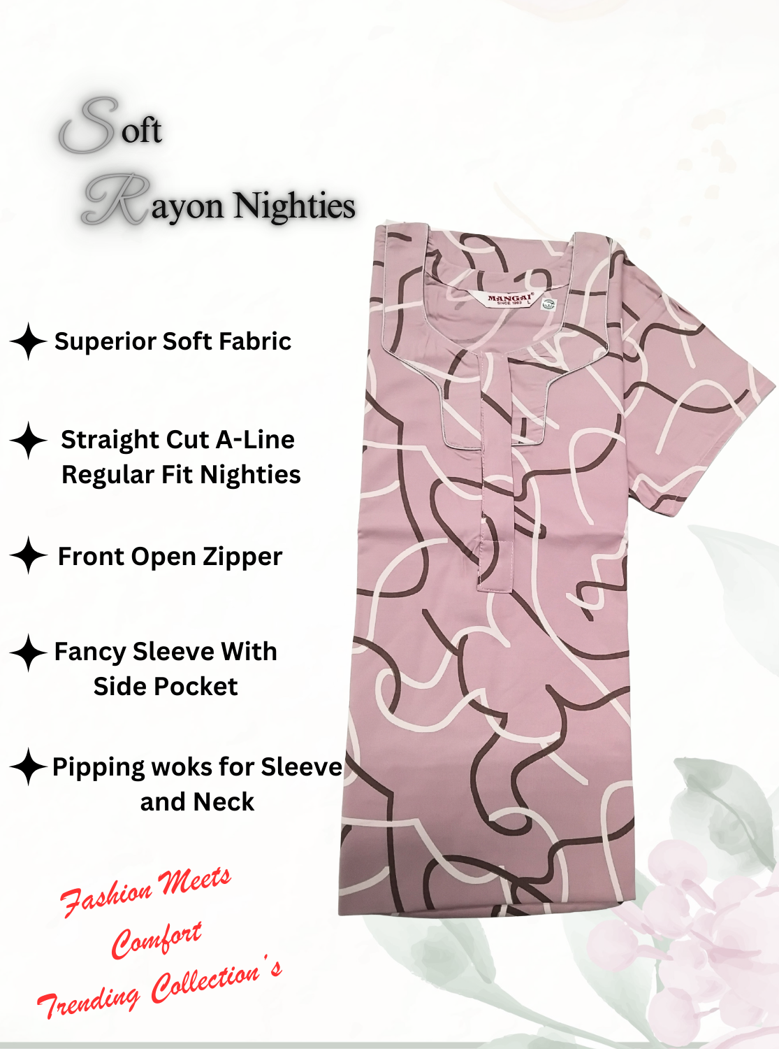 MANGAI Premium RAYON Printed Nighties- All Over Printed Stylish Nightwear for Stylish Women | Updated Design's (LDM)
