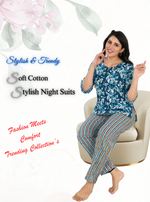 MANGAI Premium Cotton Printed Night Suits | Stylish Print's All Over | Top & Bottom Set | 3/4 Sleeve | Trendy Night Suits for Stylish Women's (CNS)
