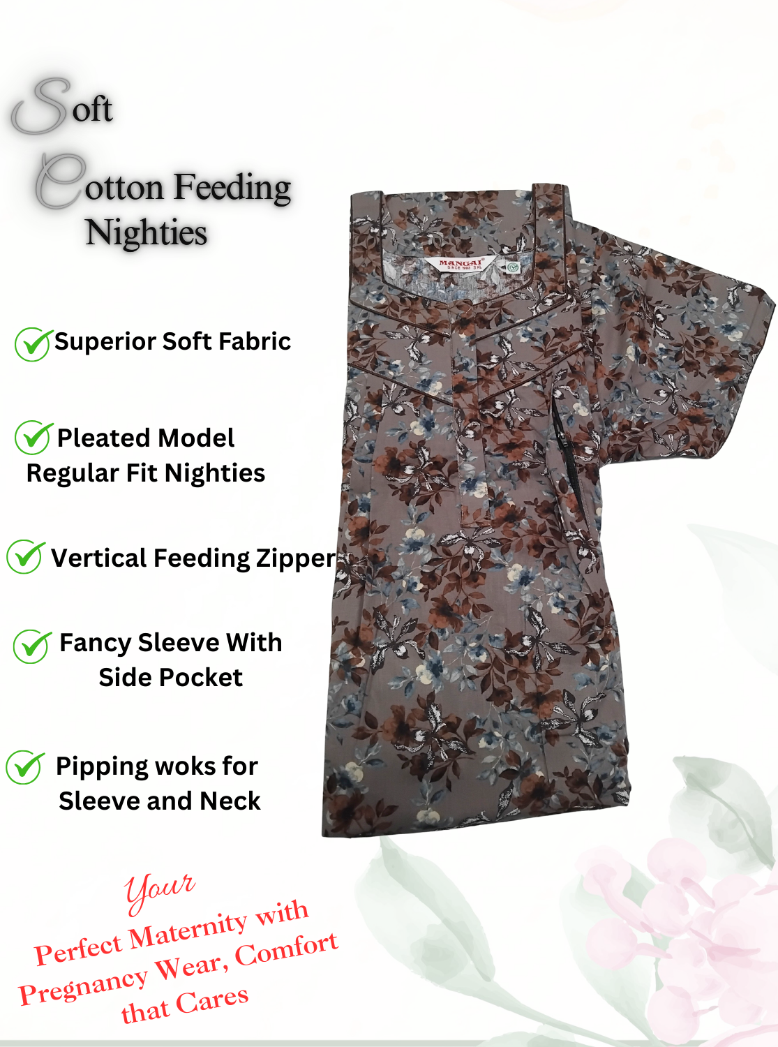 MANGAI Cotton Straight Zip Feeding Nighty |Post Pregnancy | Comfort and Style | Pleated Model | Soft Cotton Feeding Nighties (STF)