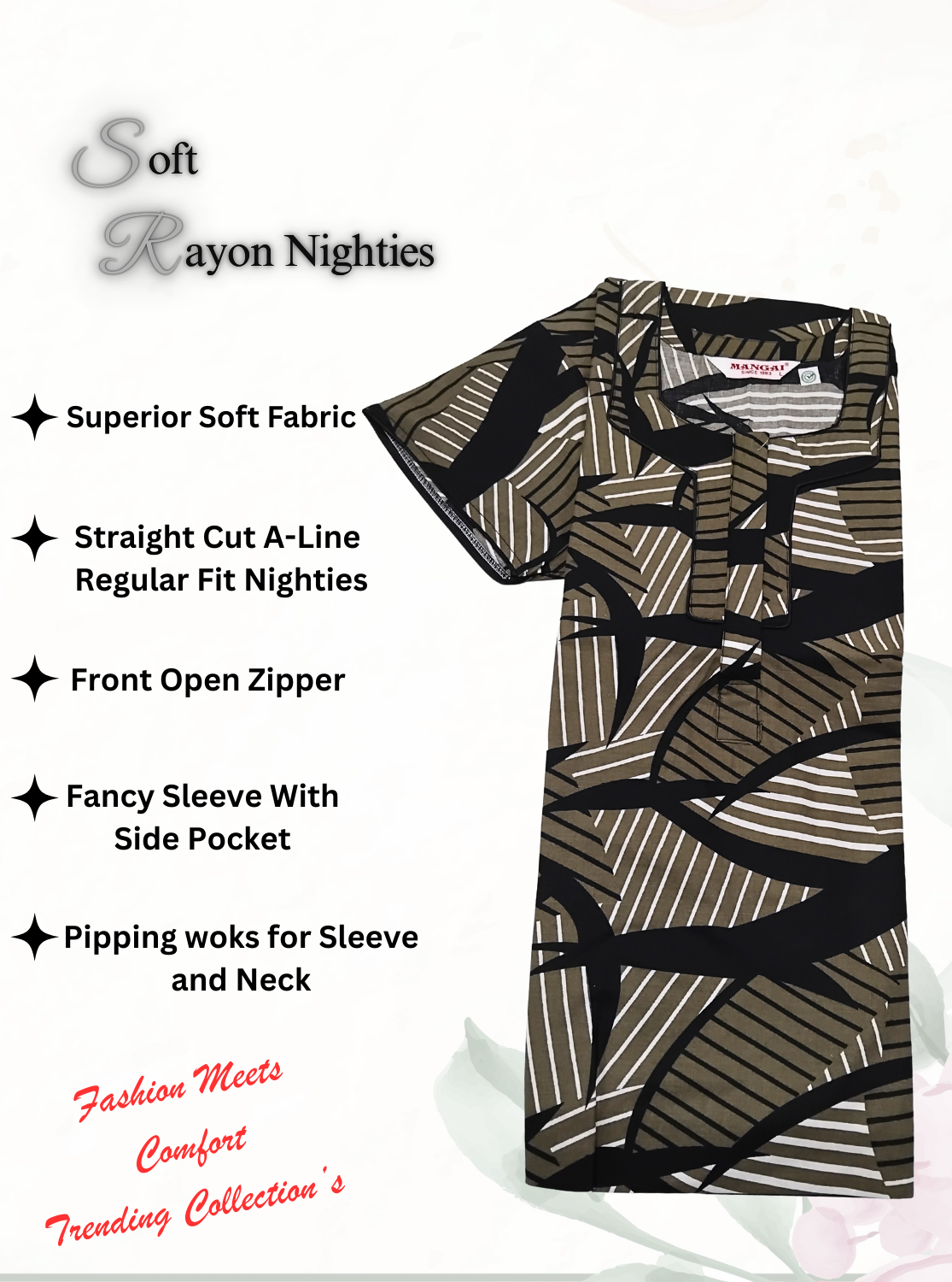MANGAI Premium RAYON Printed Nighties- All Over Printed Stylish Nightwear for Stylish Women | Updated Design's (LDM)