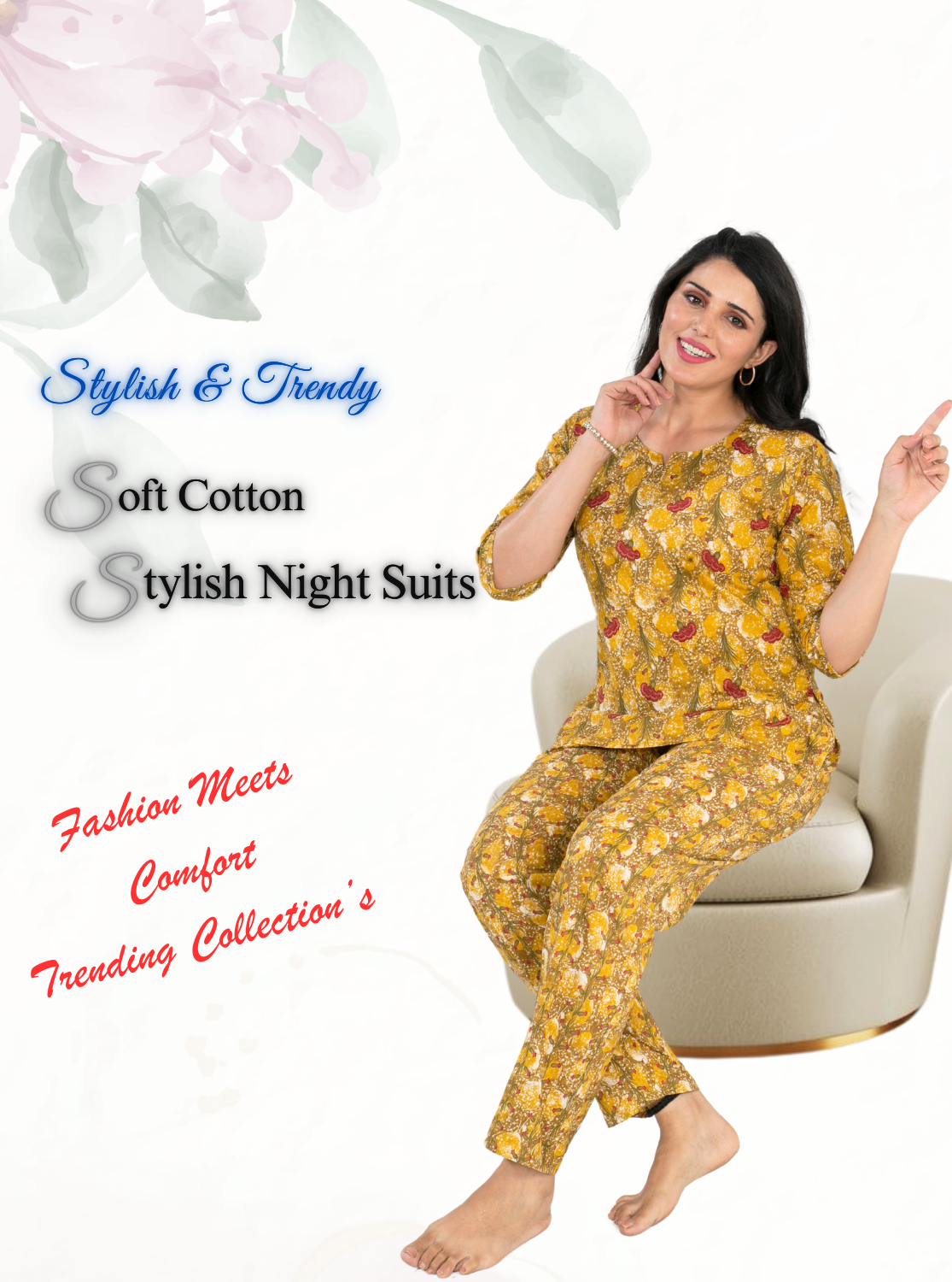 MANGAI Premium Cotton Printed Night Suits | Stylish Print's All Over | Top & Bottom Set | 3/4 Sleeve | Trendy Night Suits for Stylish Women's (CNS)