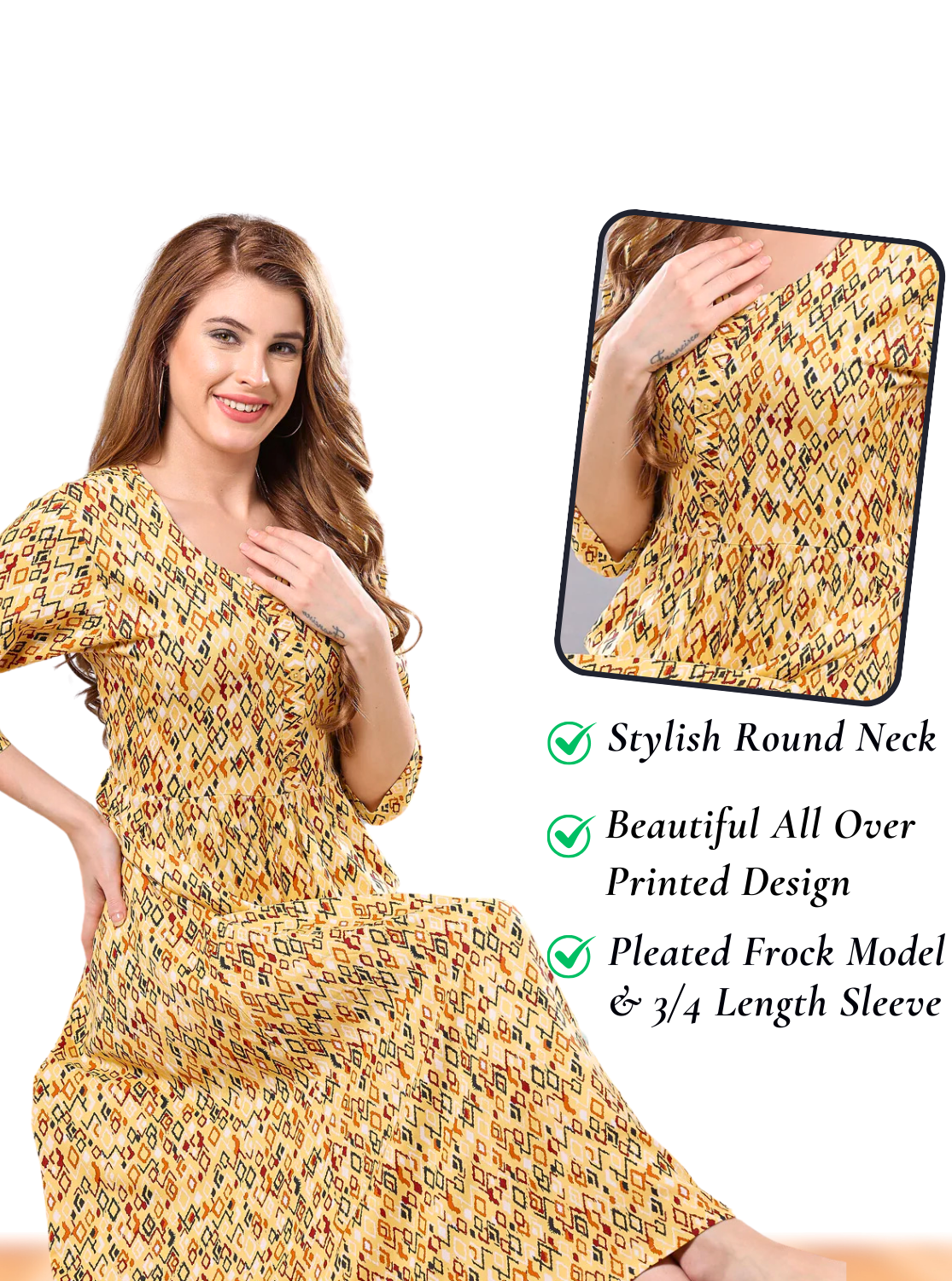 Latest Arrivals ONLY MINE Premium Rayon FROCK Model Pleated Nighties - Style 3/4 Length Sleeve | Soft & Smooth Cloths | Stylish Look | Perfect Nightdress for Trendy Women's (RCP)