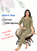 MANGAI Premium Cotton Printed Night Suits | Stylish Print's All Over | Top & Bottom Set | 3/4 Sleeve | Trendy Night Suits for Stylish Women's (CNS)