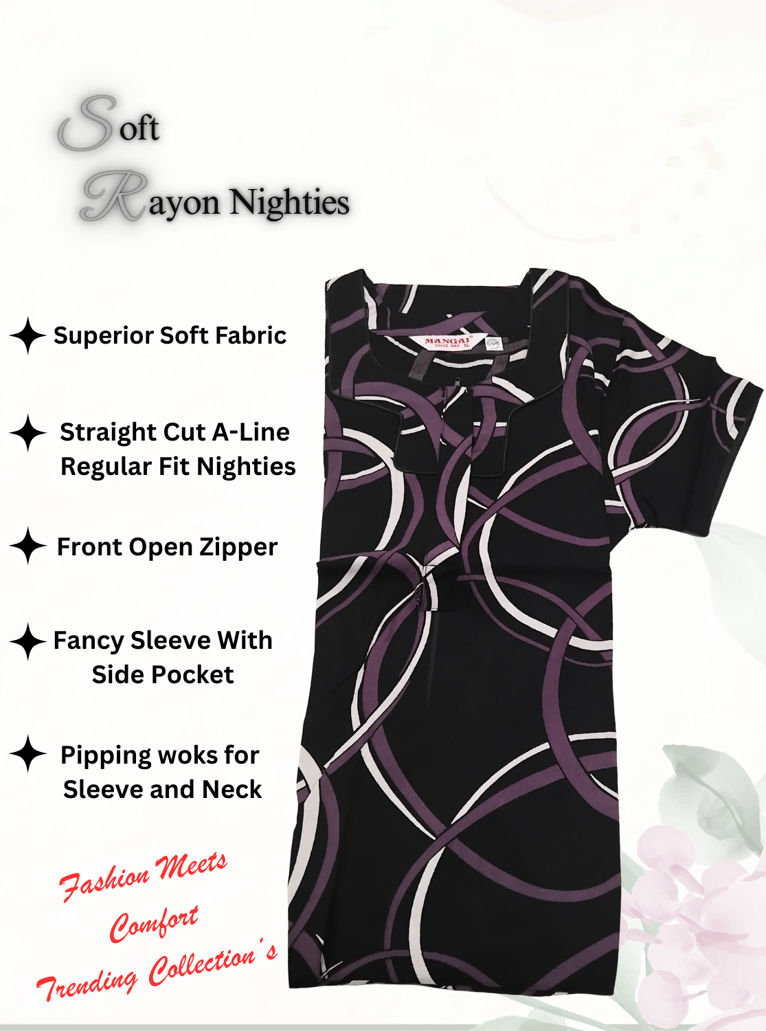 MANGAI Premium RAYON Printed Nighties- All Over Printed Stylish Nightwear for Stylish Women | Updated Design's (LDM)