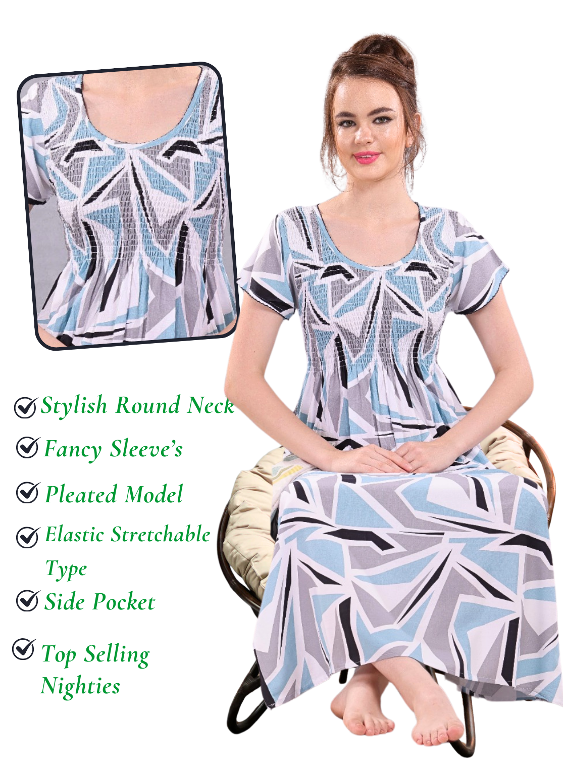 Stylish RAYON Smocking Nighty | Beautiful Pleated Design | Side Pocket | Stylish Nighty for Trendy Women's | Your Perfect Nightwear Collection's (RYS)